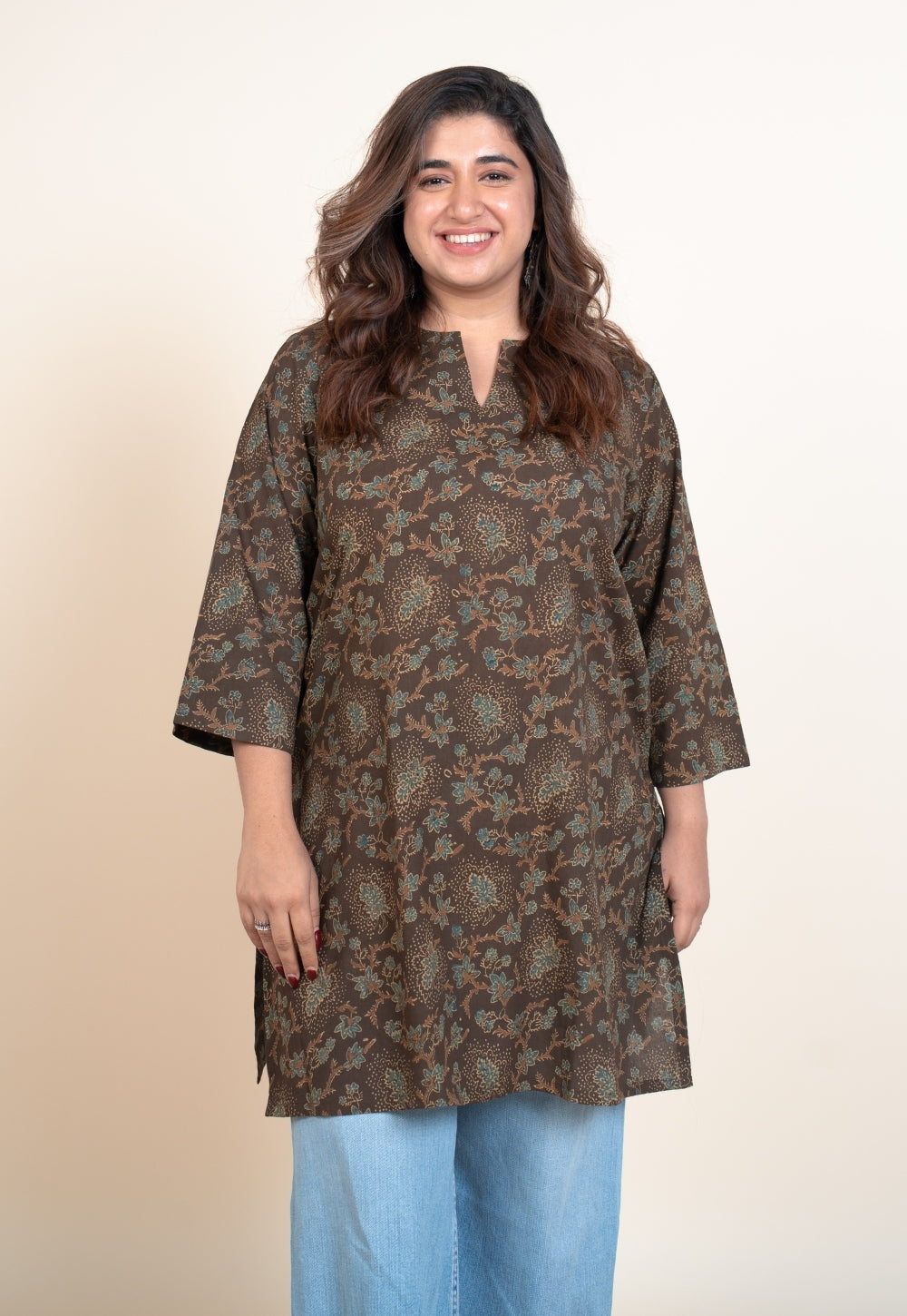 Anvi Brown Ajrakh Cotton Straight Short Top