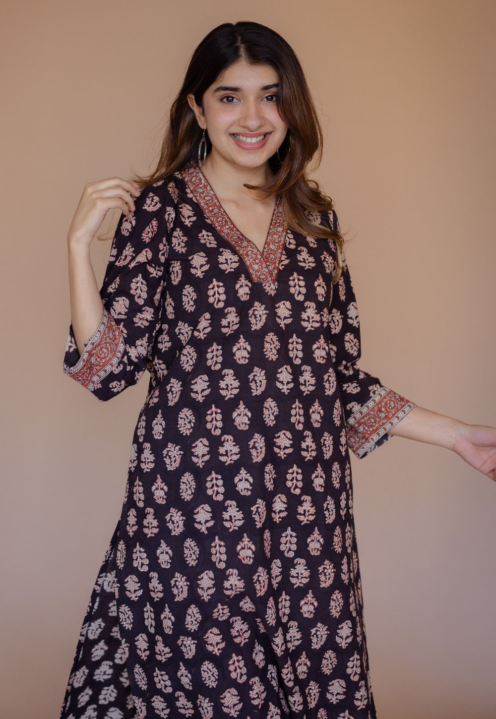 Shanza Black Bagru Cotton Straight Co-Ord Set with Embroidery