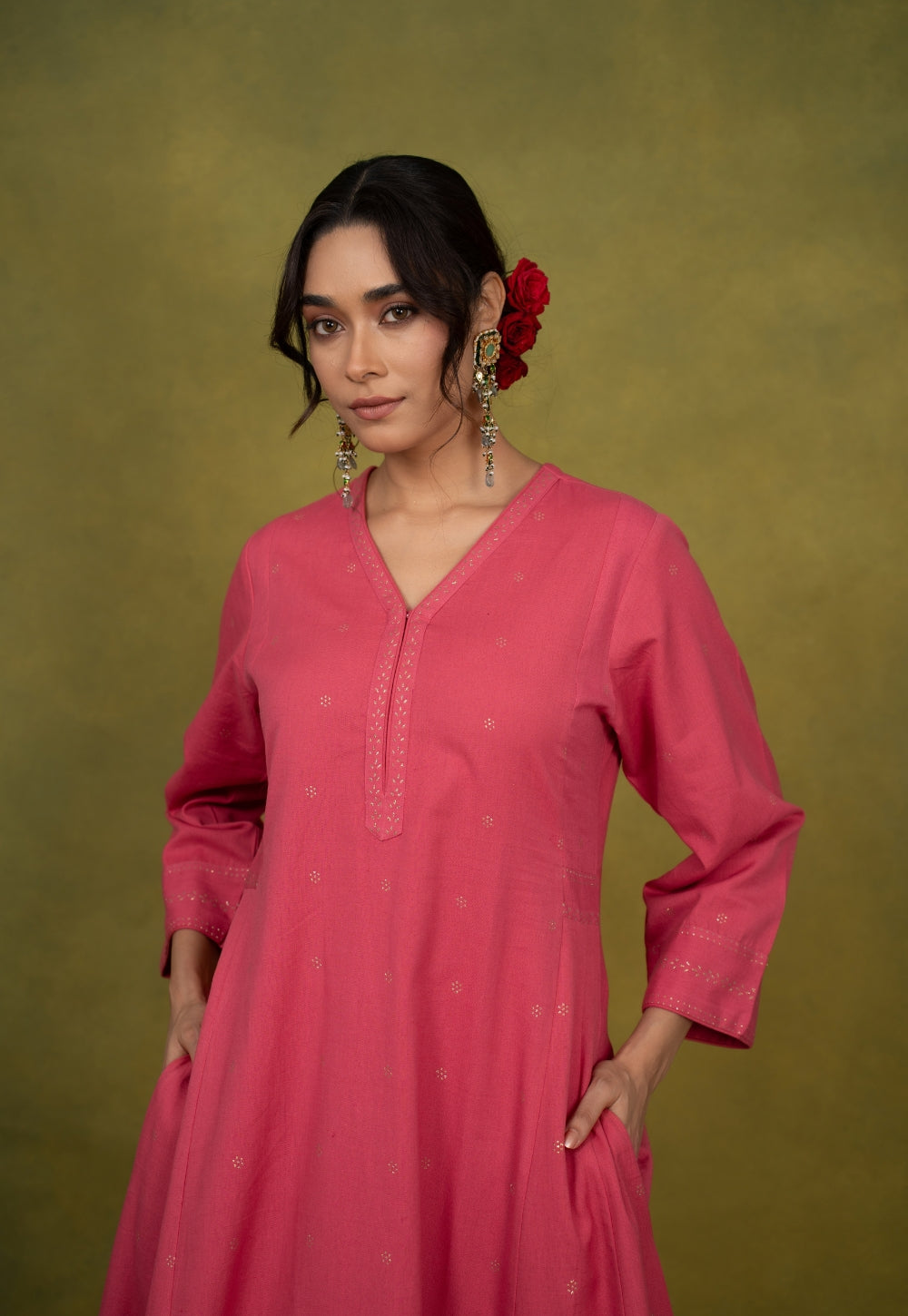 Sadia Pink Rogan Handblock Printed Cotton Kali Kurta Suit Set (Set of 3)