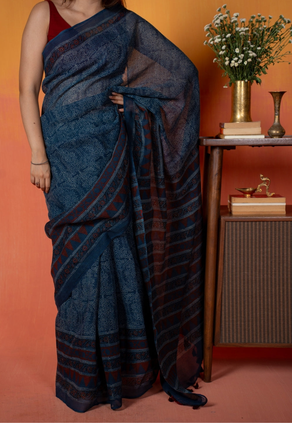 Blue Traditional Ajrakh Hand Block Print Kota Doria Cotton Saree