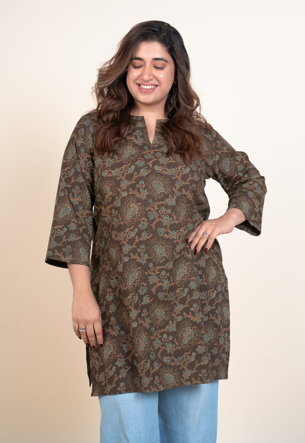 Anvi Brown Ajrakh Cotton Straight Short Top
