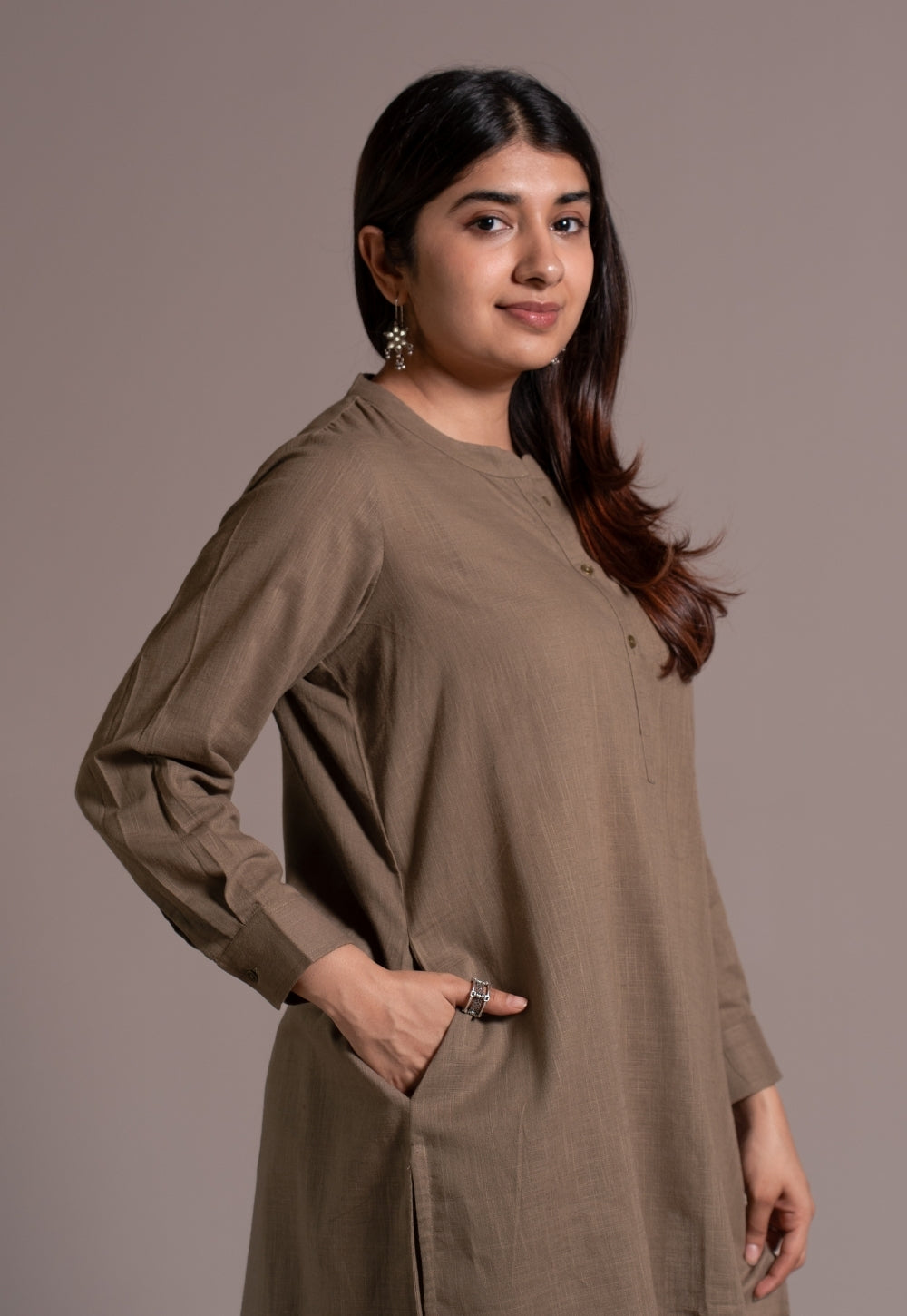 Khaki Grey Solid Slub Cotton Straight Kurta - DyeVerse