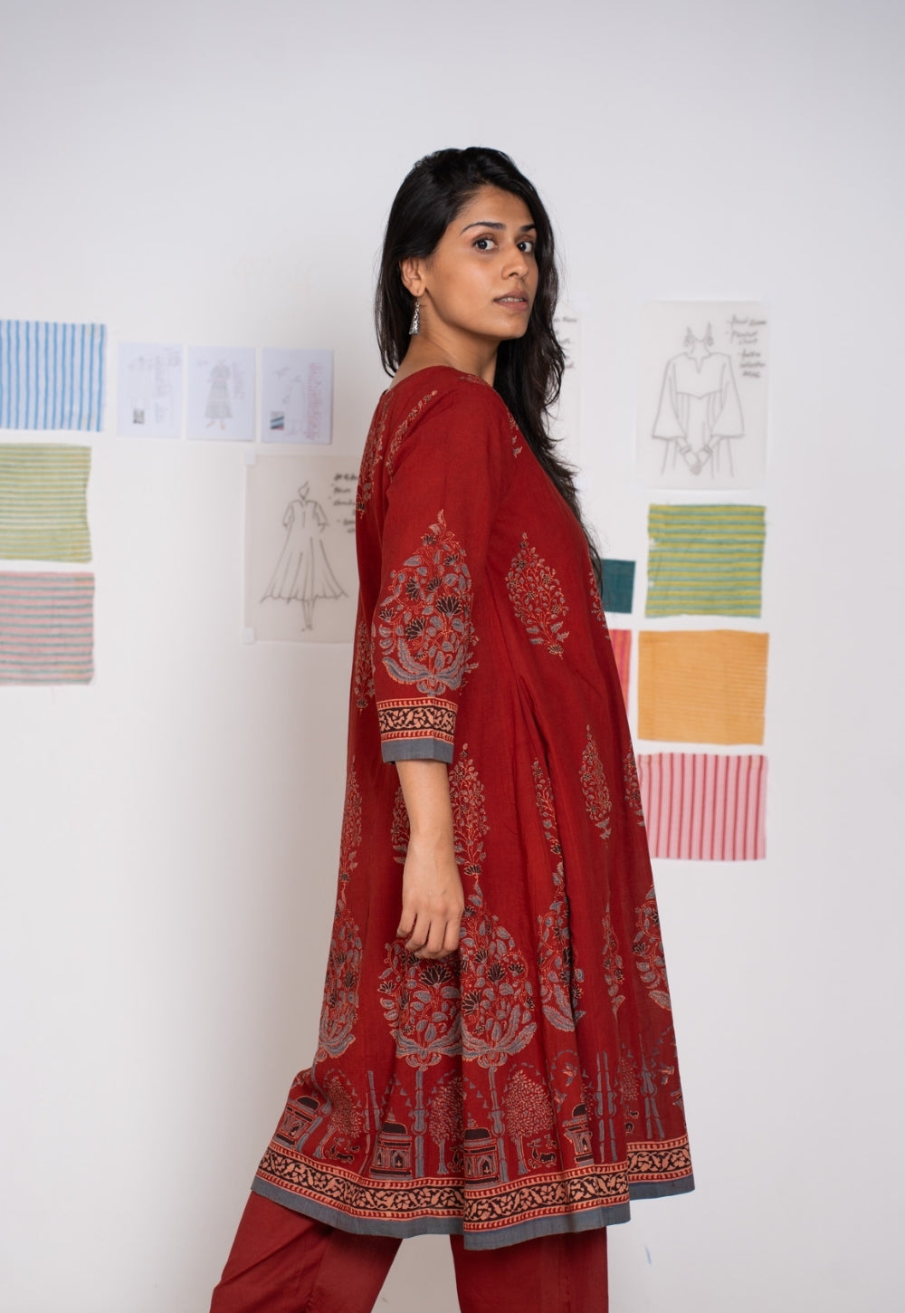 Prisha Red Ajrakh Cotton Kali Kurta