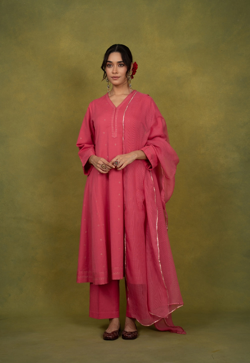 Sadia Pink Rogan Handblock Printed Cotton Kali Kurta Suit Set (Set of 3)