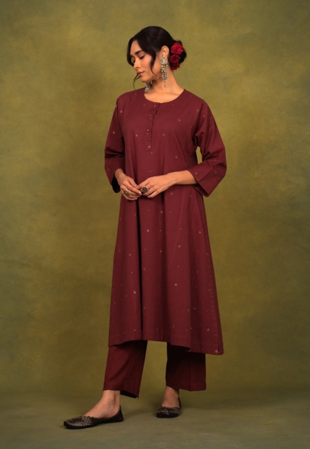 Alizah Maroon Rogan Handblock Printed Cotton Jhabbha Kali Suit Set (Set of 3)