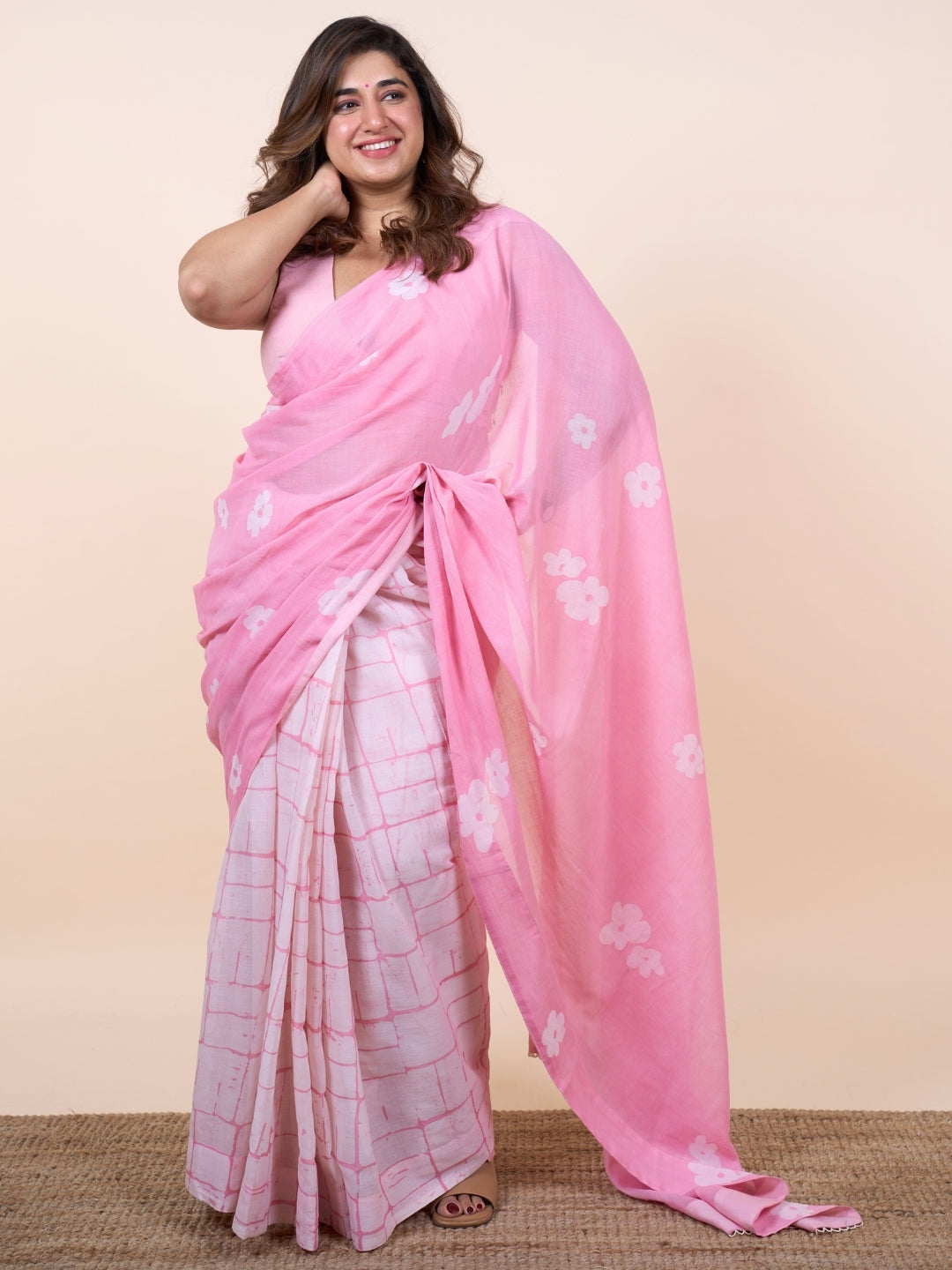 Parisa Pink Batik Hand Block Print Mul Cotton Saree with Embroidery