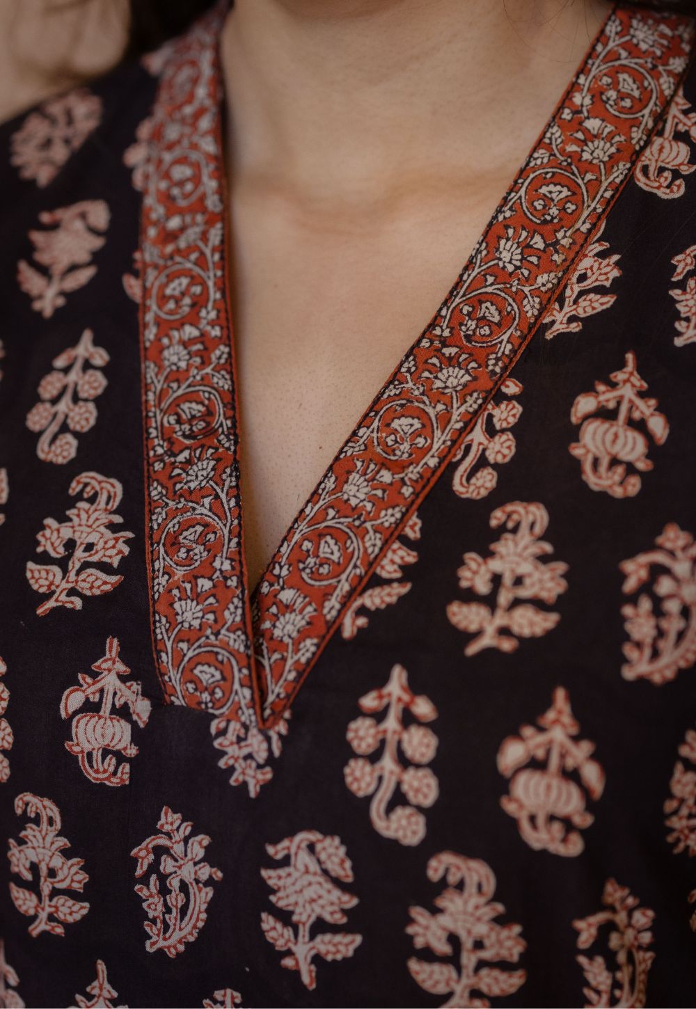 Shanza Black Bagru Cotton Straight Co-Ord Set with Embroidery