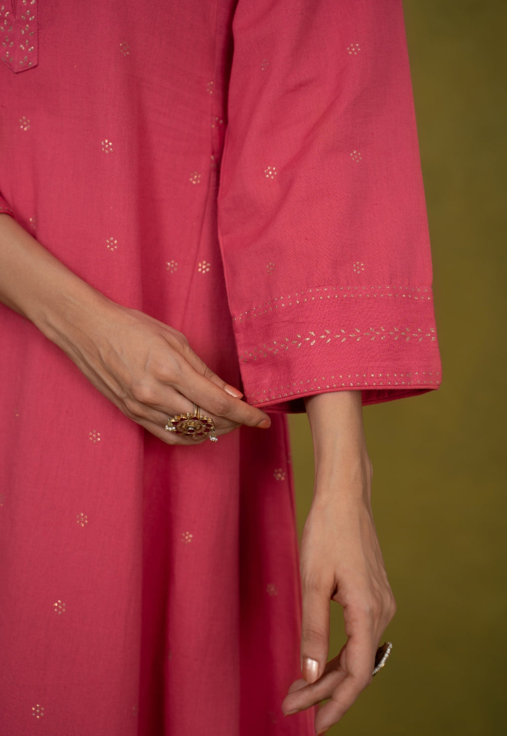 Sadia Pink Rogan Handblock Printed Cotton Kali Kurta Suit Set (Set of 3)