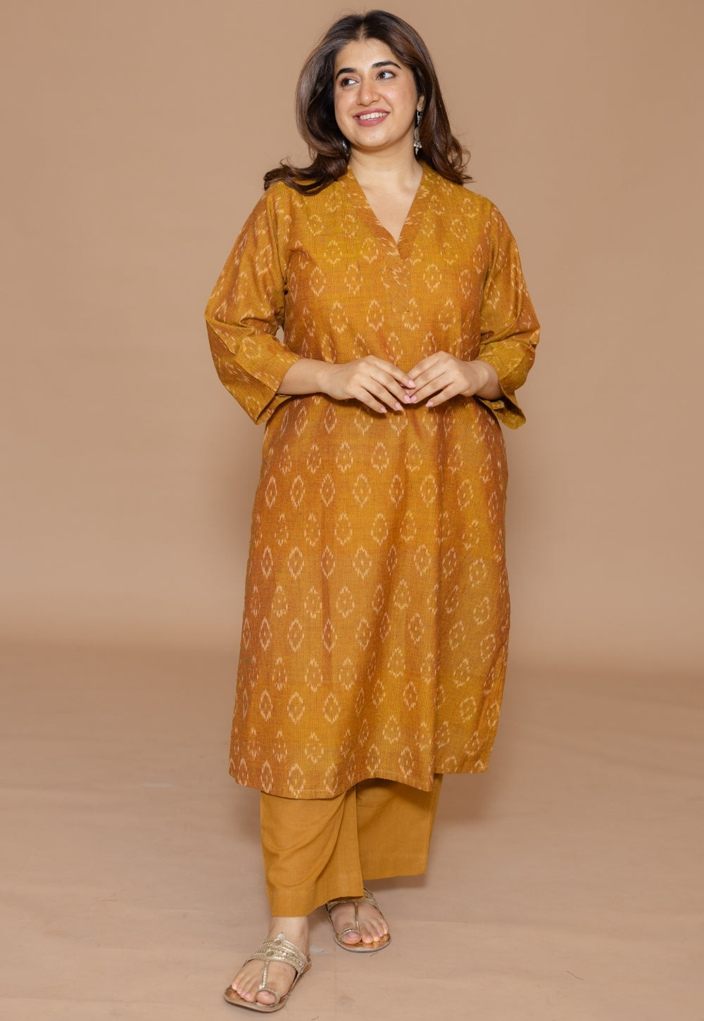Avika Yellow Handloom Ikkat Cotton Straight Kurta