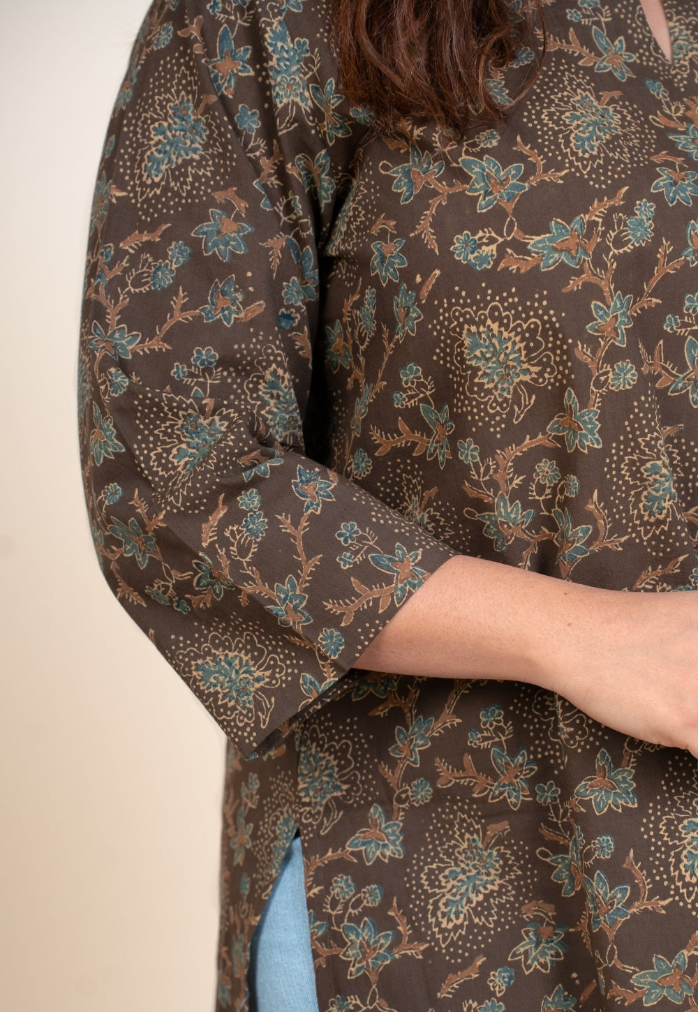 Anvi Brown Ajrakh Cotton Straight Short Top