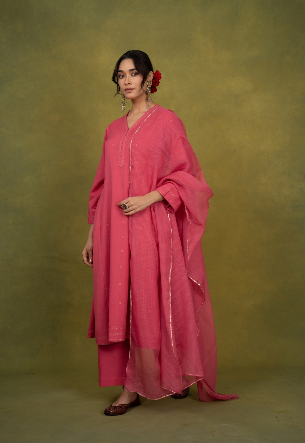 Sadia Pink Rogan Handblock Printed Cotton Kali Kurta Suit Set (Set of 3)