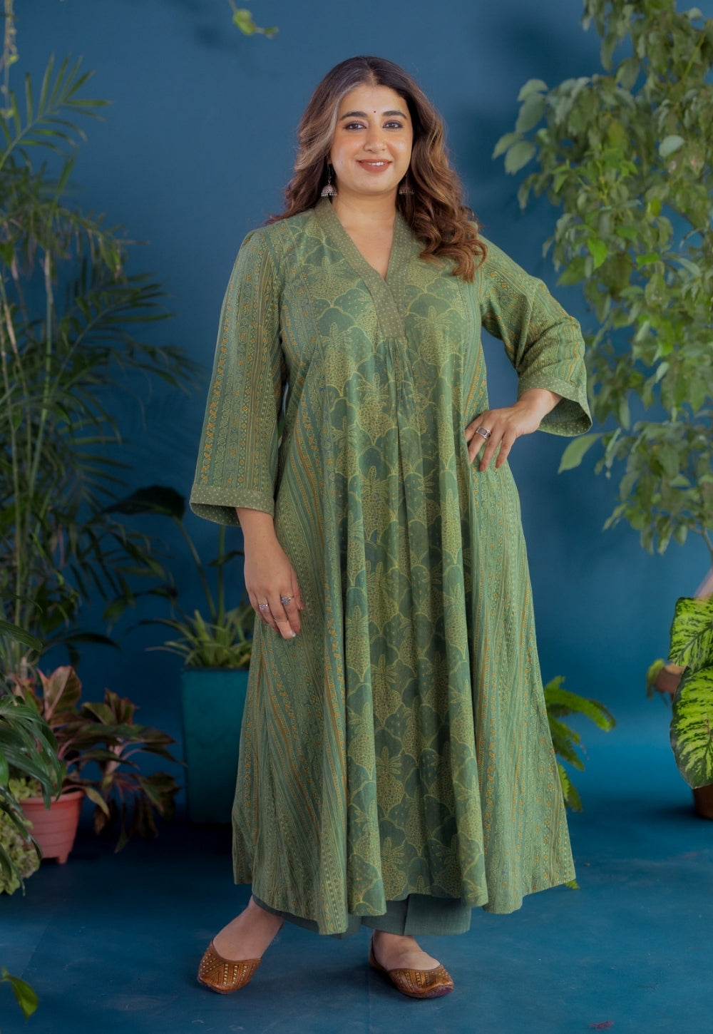 Ketki Green Ajrakh Cotton Kali Kurta