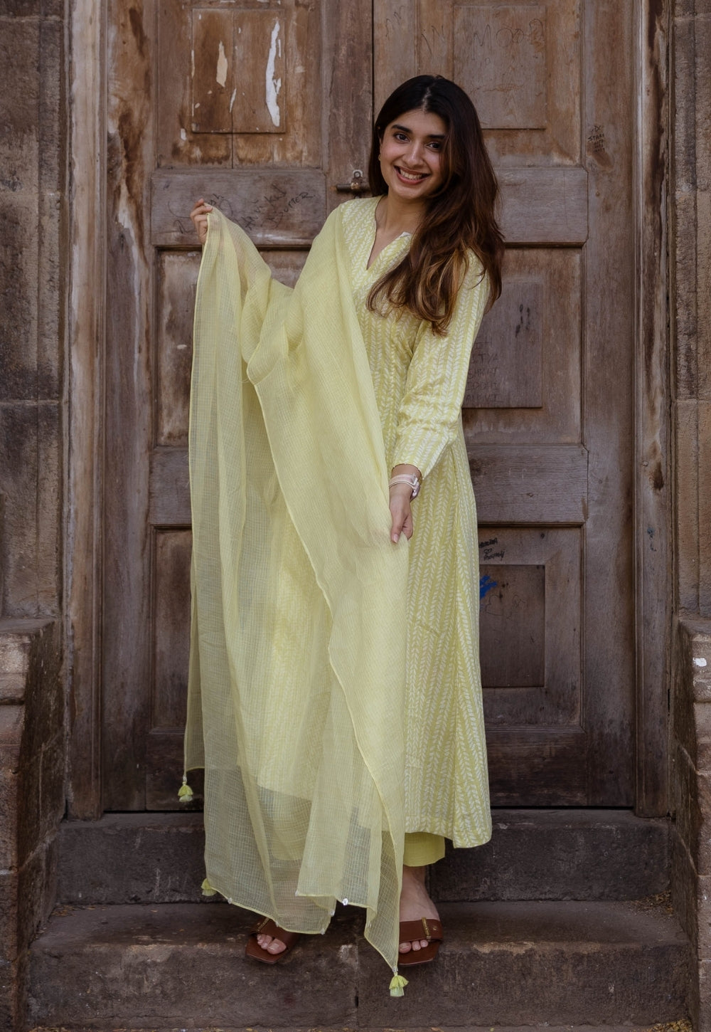 Malika Lime Green Hand Block Print Slub Cotton Kali Kurta with Hand Embroidery