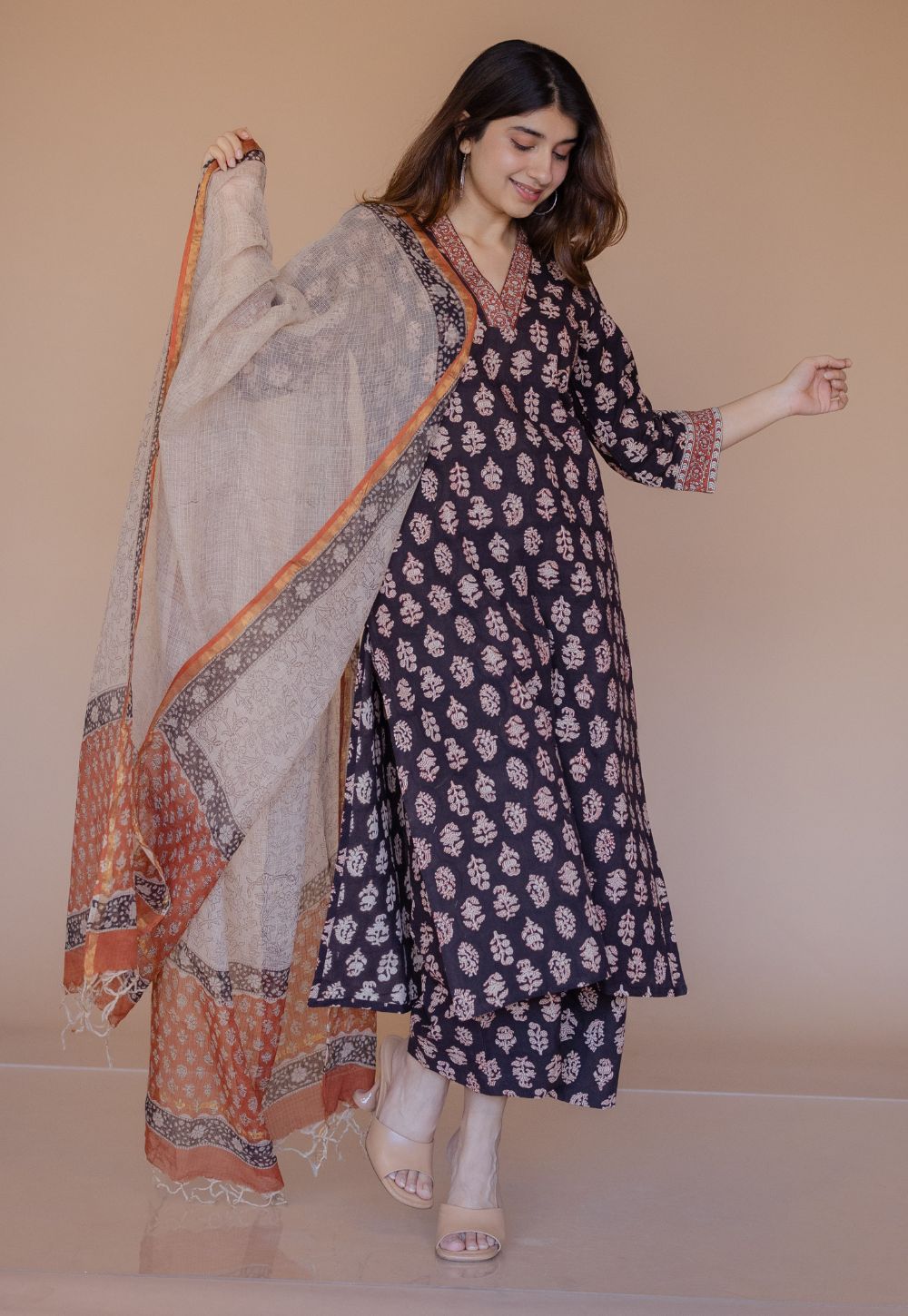 Shanza Black Bagru Cotton Straight Co-Ord Set with Embroidery