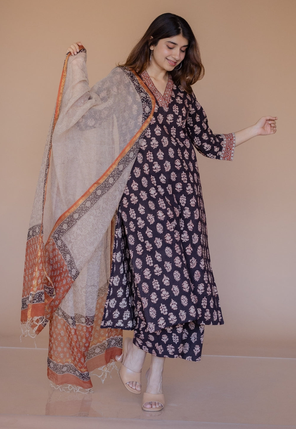 Shanza Black Bagru Cotton Straight Kurta with Embroidery