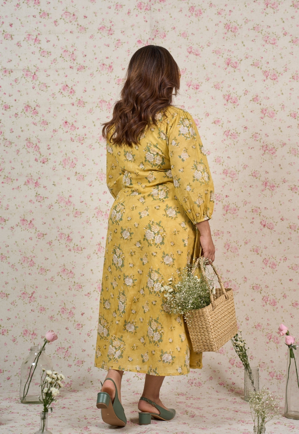 Hazel Yellow Sanganeri Mul Cotton A Line Dress