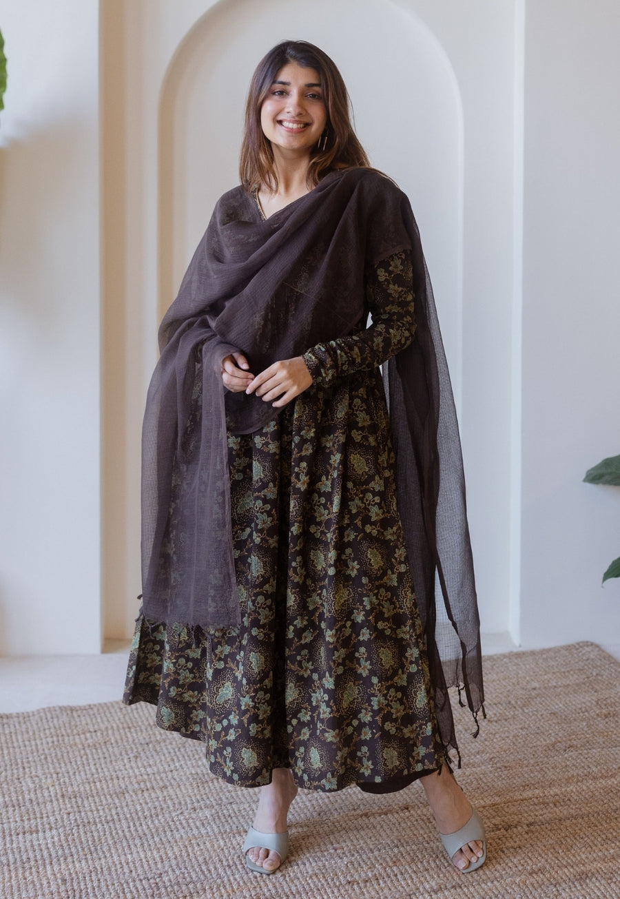 Roshi Brown Ajrakh Cotton A Line Kurta