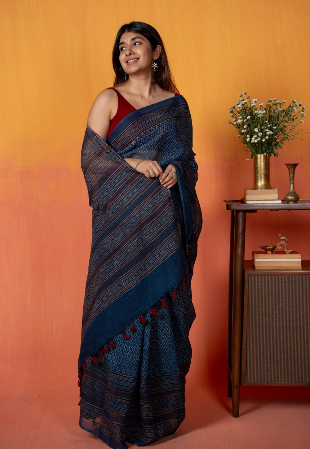 Blue Floral Border Ajrakh Hand Block Print Kota Doria Cotton Saree
