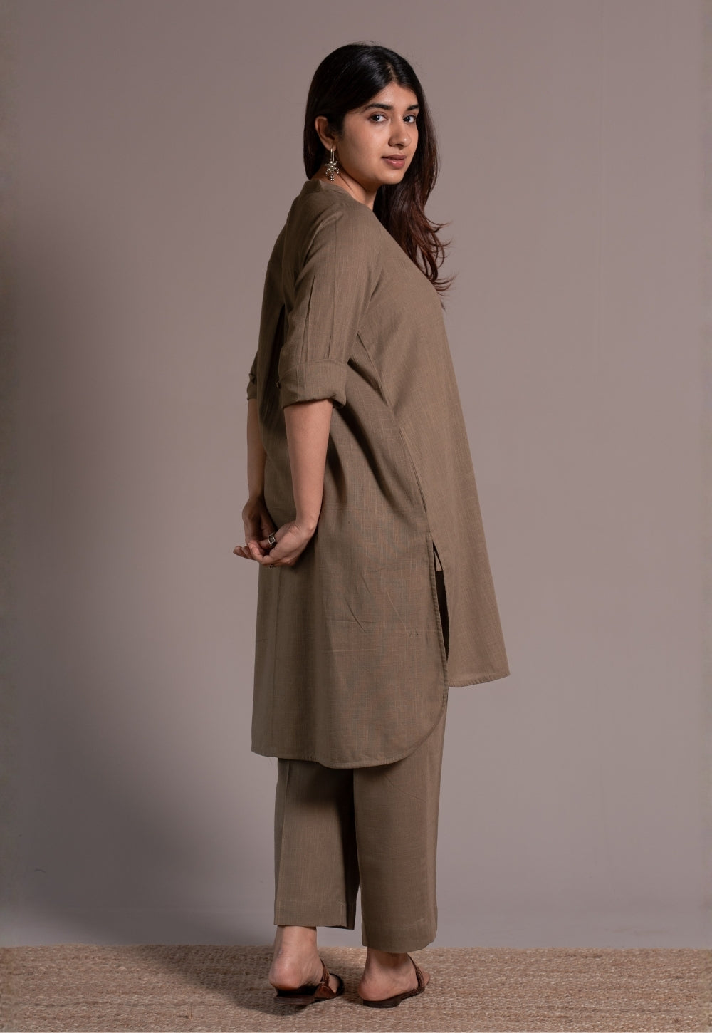 Khaki Grey Solid Slub Cotton Straight Kurta - DyeVerse