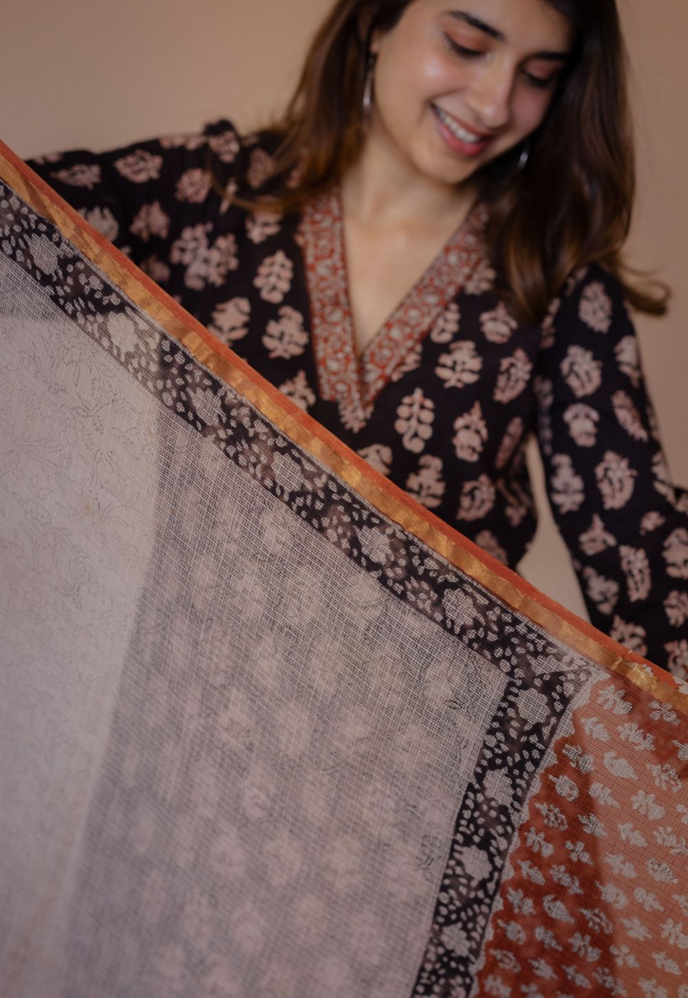 Shanza Black Bagru Cotton Straight Co-Ord Set with Embroidery