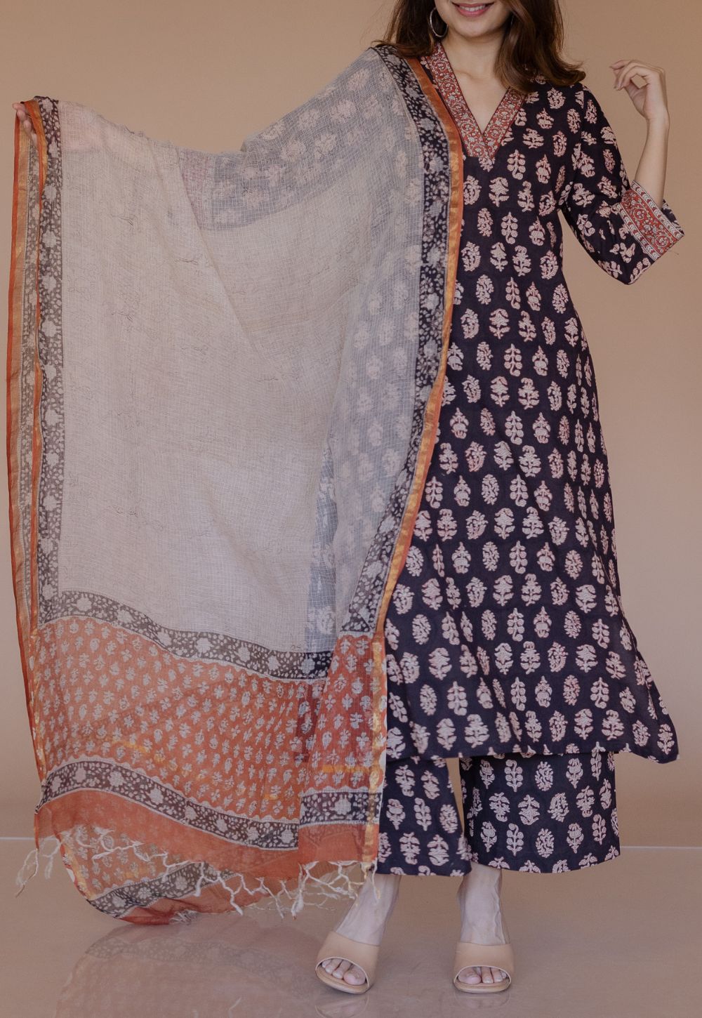 Shanza Black Bagru Cotton Straight Co-Ord Set with Embroidery