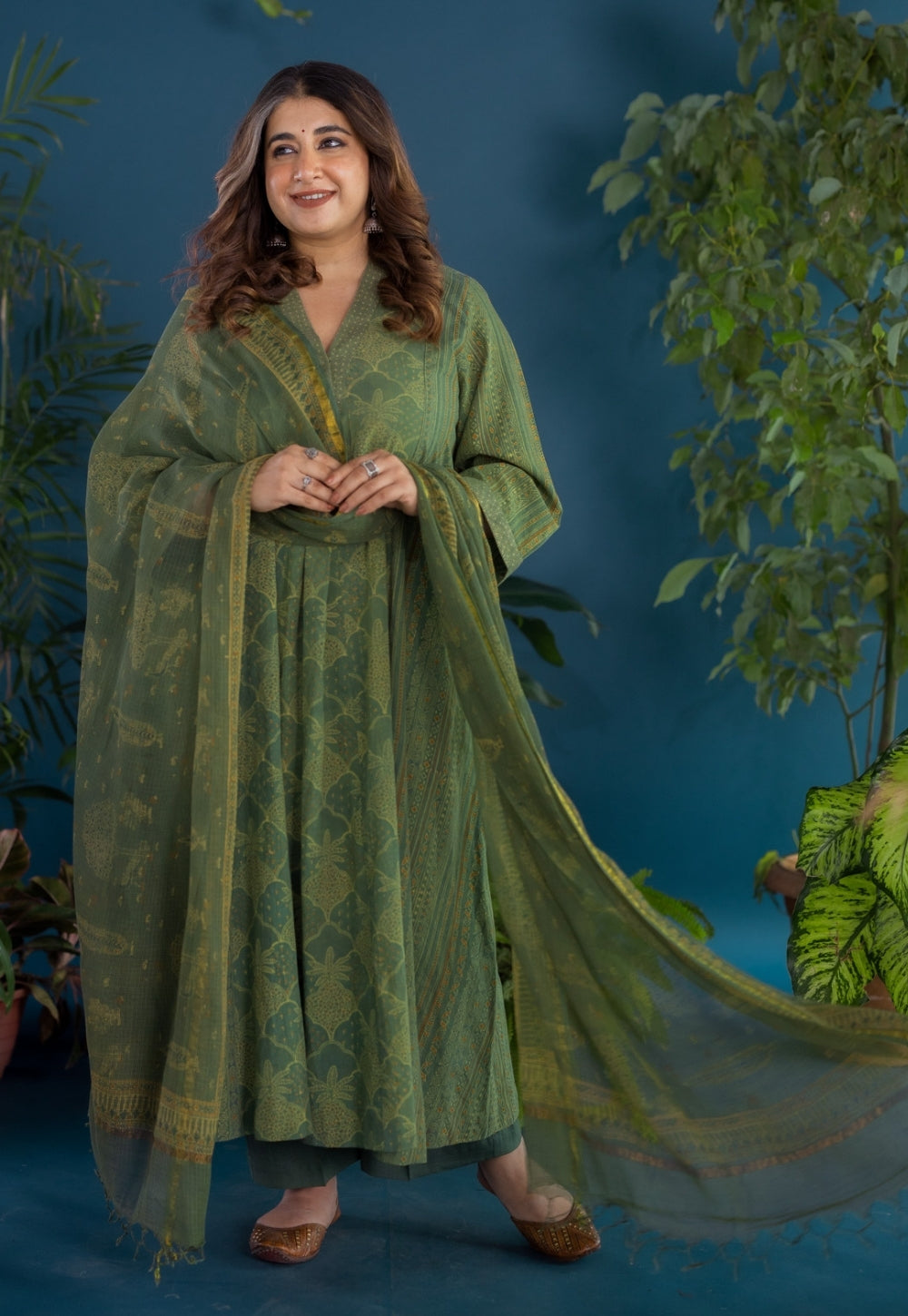 Green Traditional Ajrakh Kota Doria Cotton Dupatta