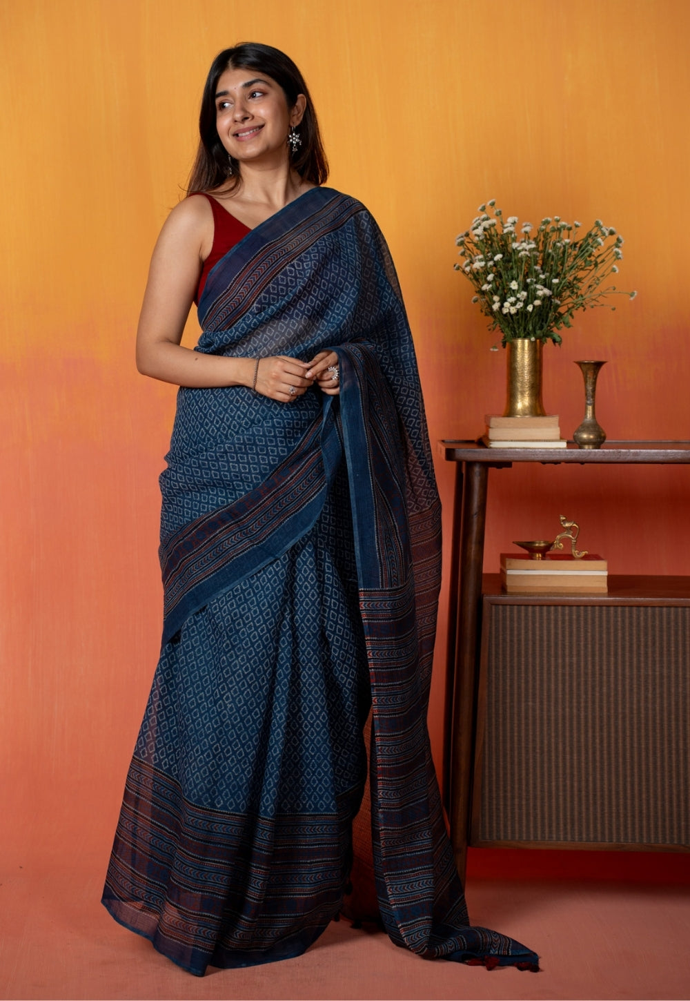 Blue Floral Border Ajrakh Hand Block Print Kota Doria Cotton Saree
