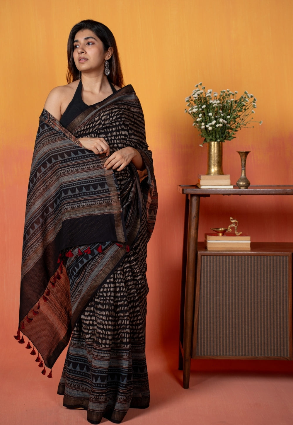 Black Objects Ajrakh Hand Block Print Maheshwari Saree