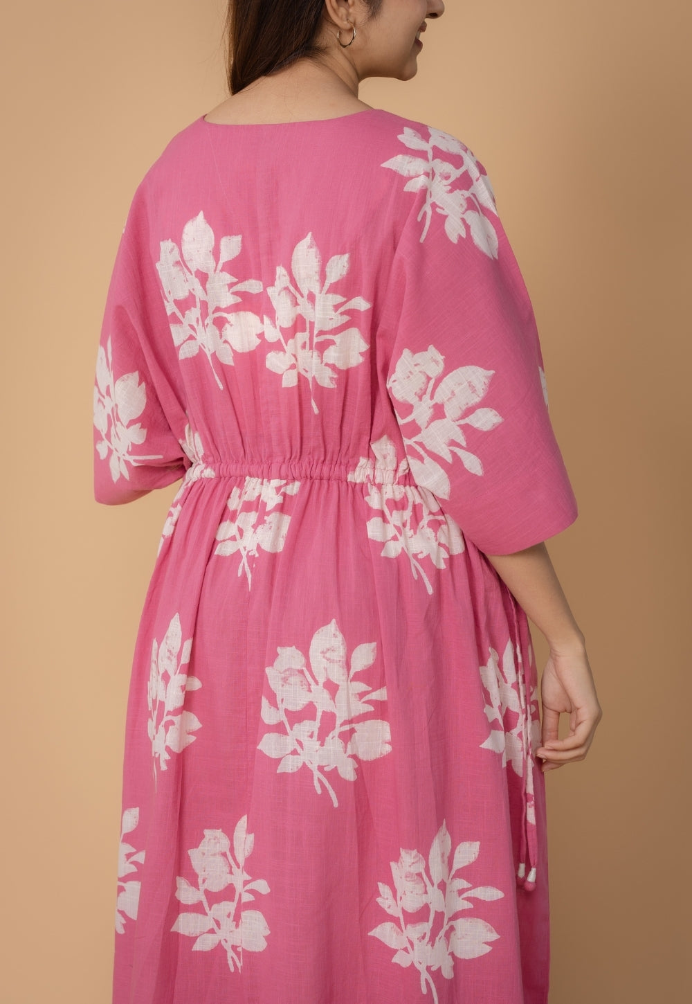 Jiana Pink Dabu Slub Cotton Kaftan Dress