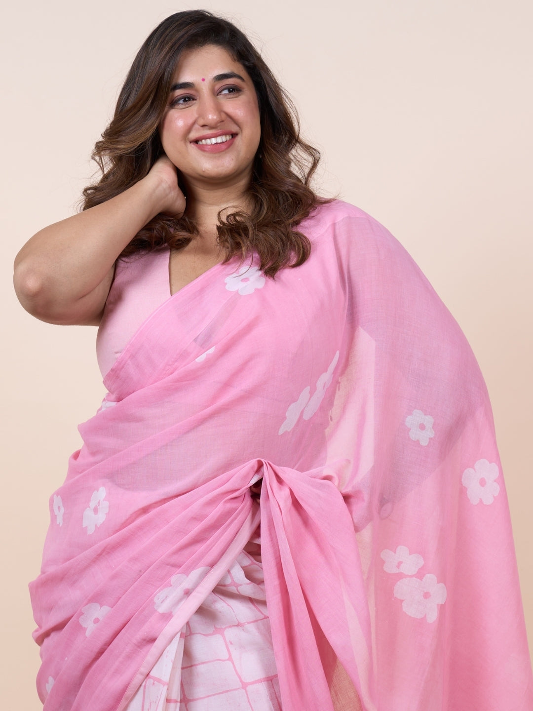 Parisa Pink Batik Hand Block Print Mul Cotton Saree with Embroidery