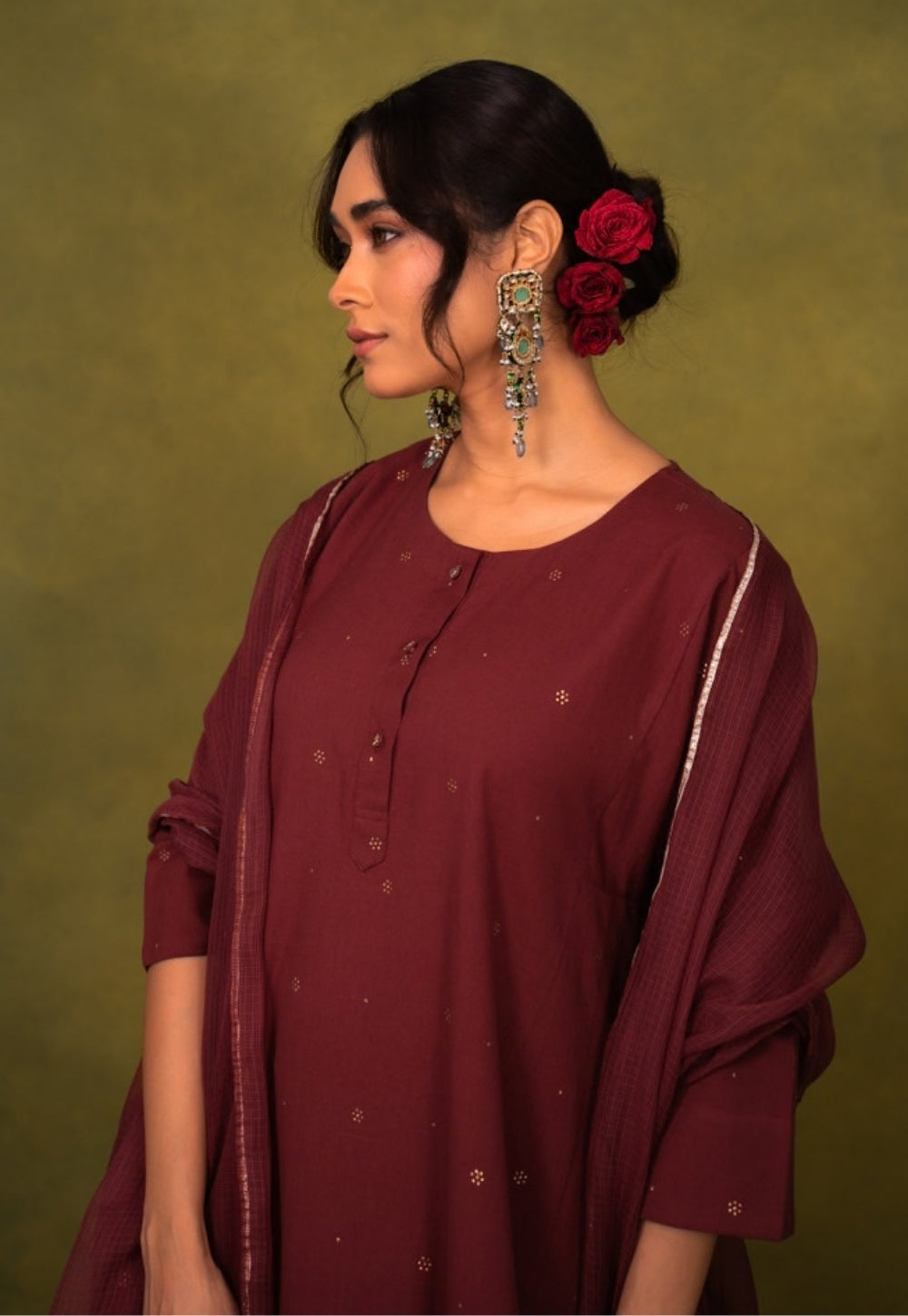 Alizah Maroon Rogan Handblock Printed Cotton Jhabbha Kali Suit Set (Set of 3)
