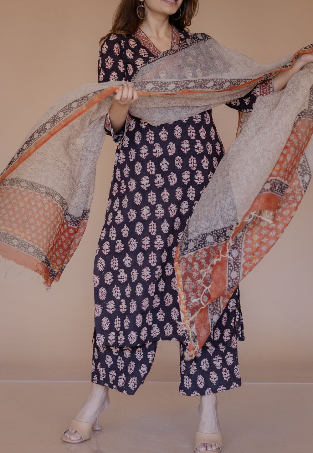 Shanza Black Bagru Cotton Straight Co-Ord Set with Embroidery