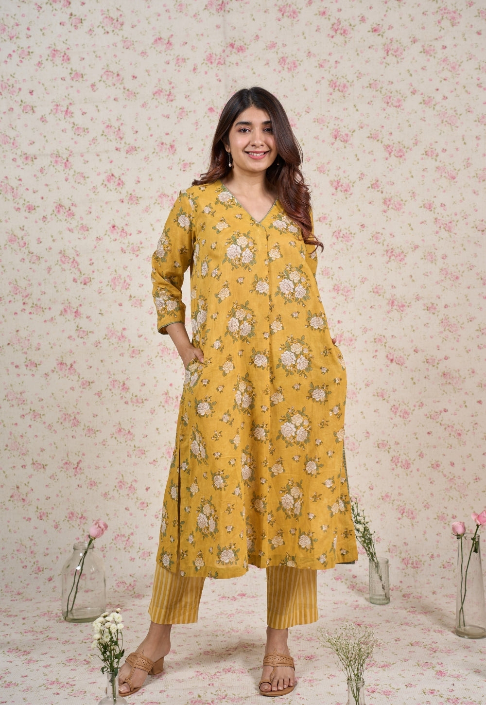 Hazel Yellow Sanganeri Mul Cotton Straight Kurta