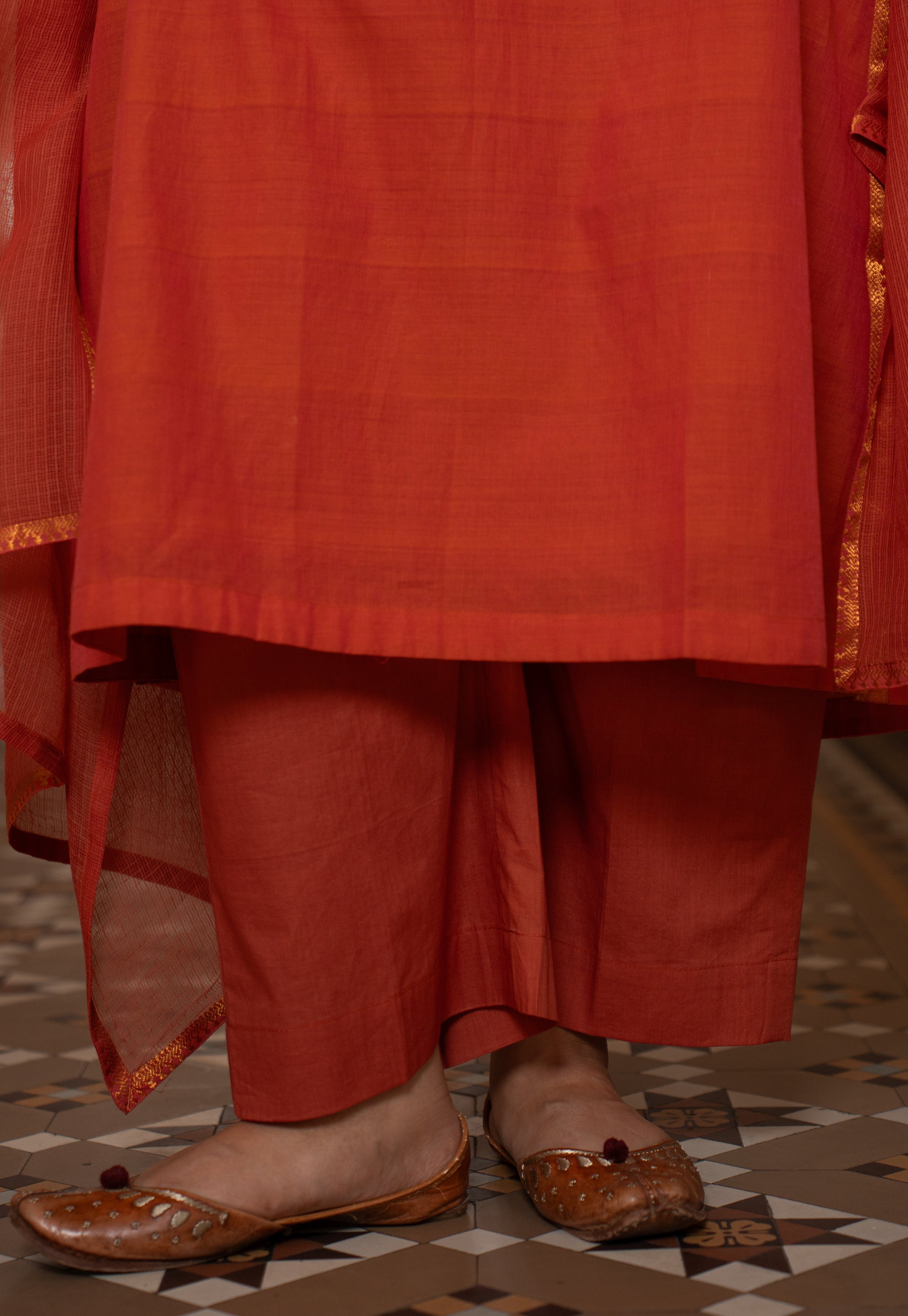 Yashi Orange Solid Cotton Flex Straight Pant