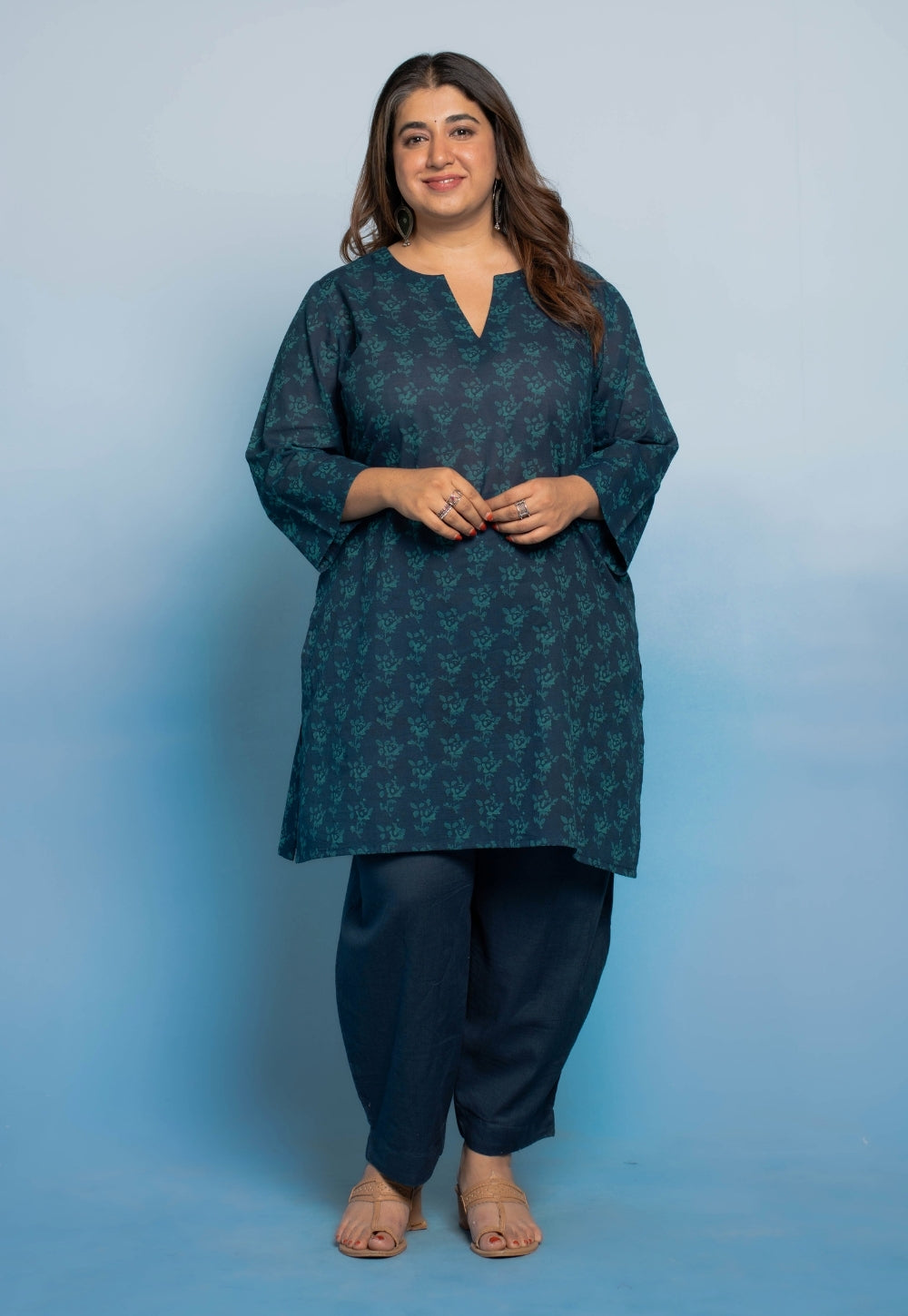 Anvi Blue Dabu Mul Cotton Straight Short Top