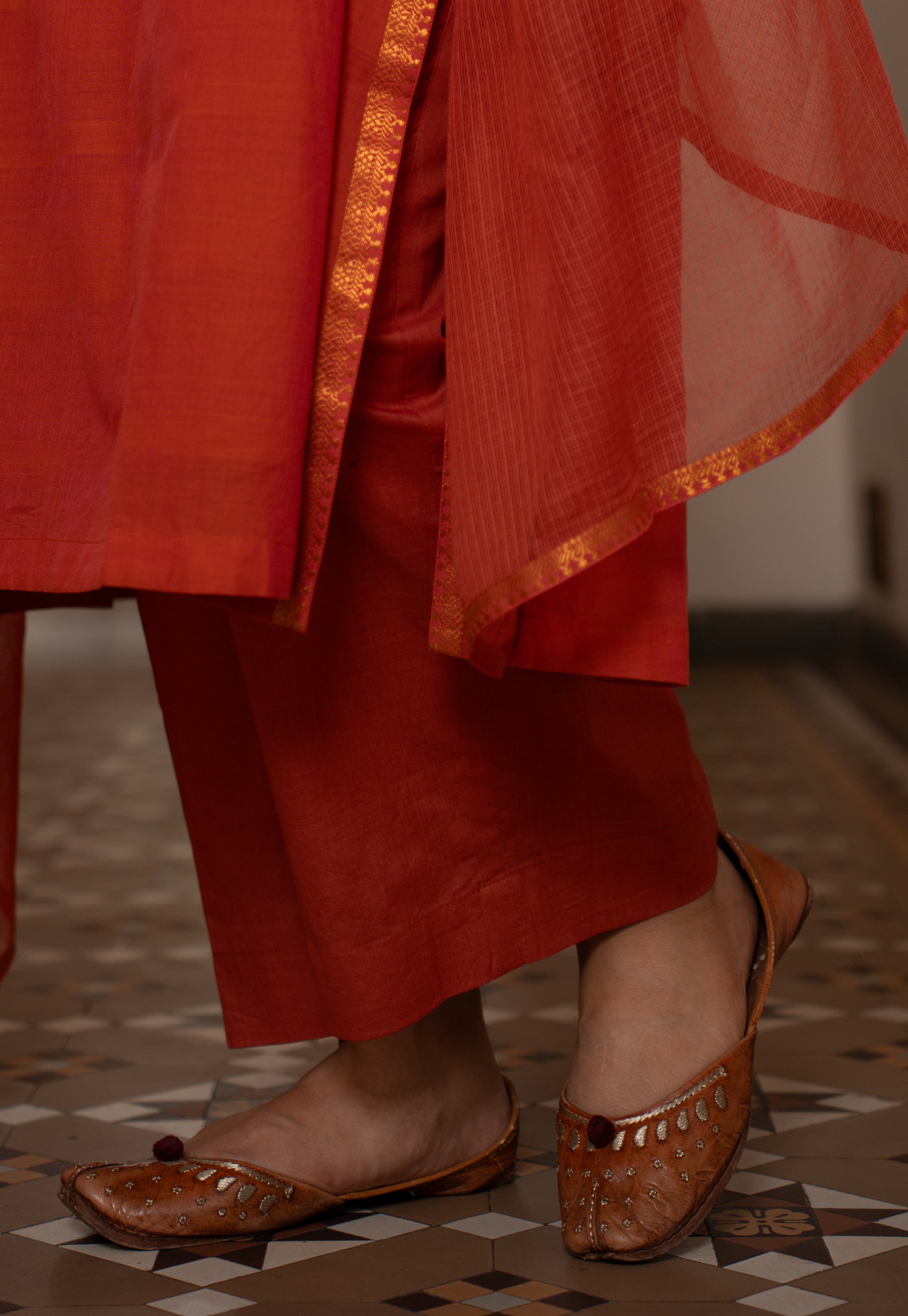 Yashi Orange Solid Cotton Flex Straight Pant
