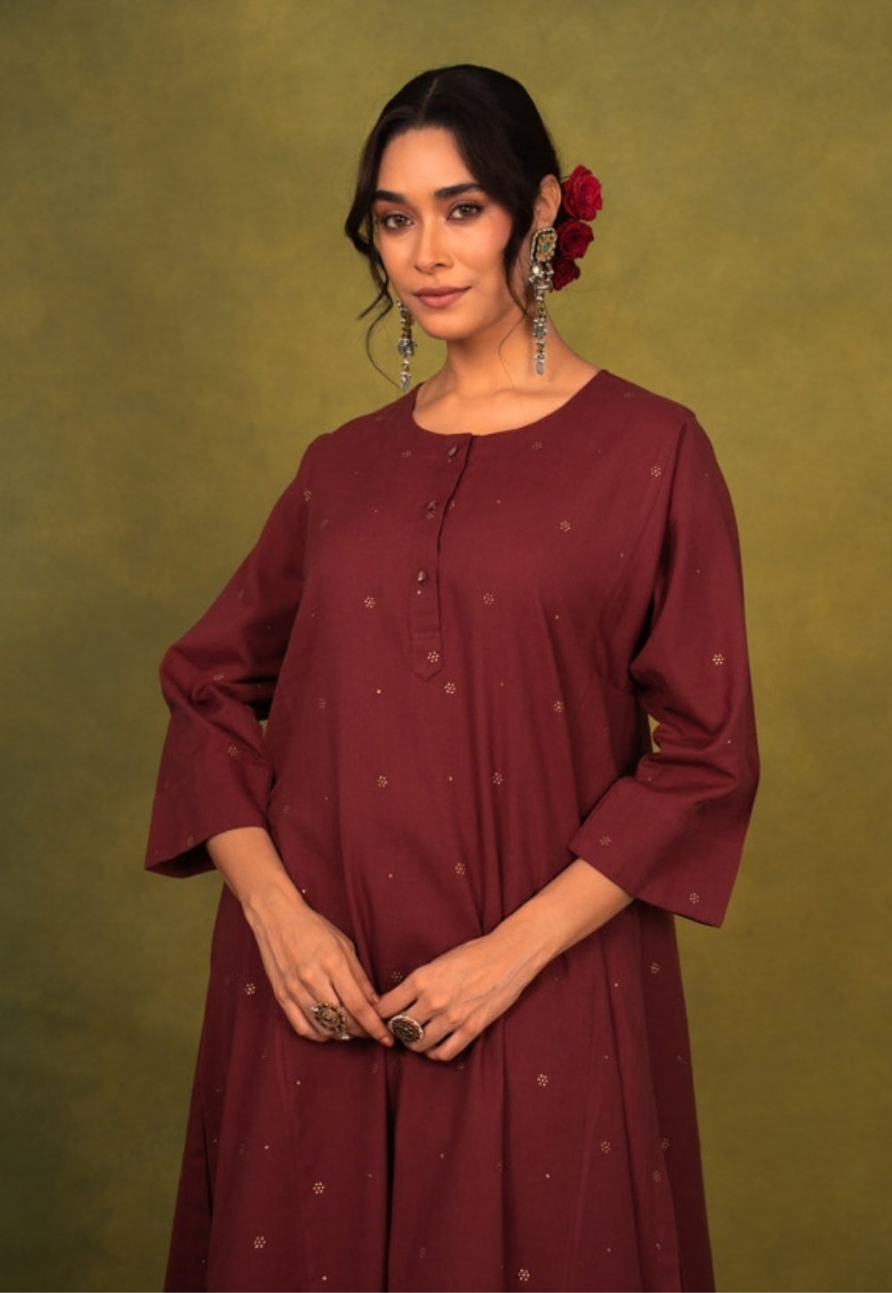 Alizah Maroon Rogan Handblock Printed Cotton Jhabbha Kali Suit Set (Set of 3)