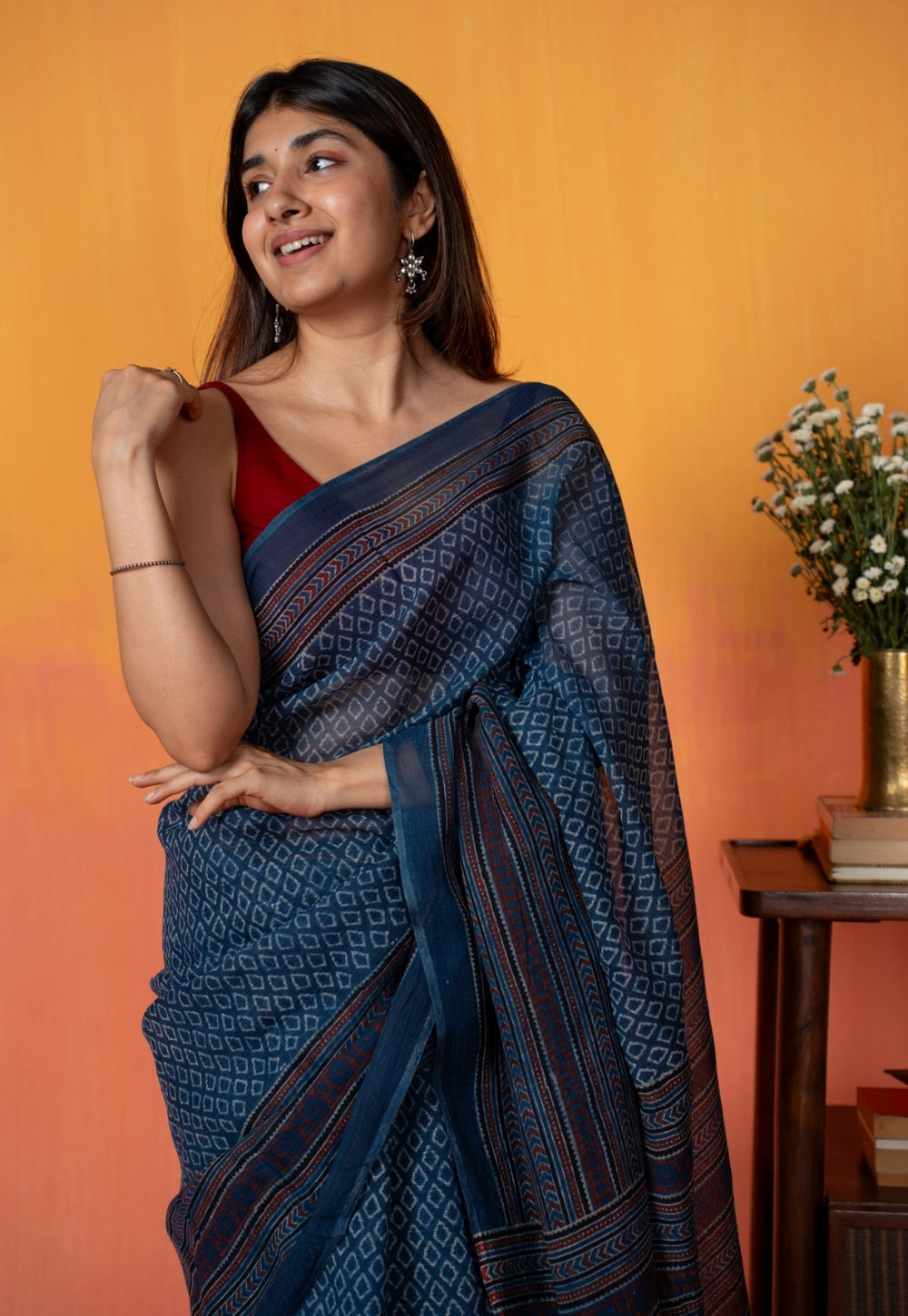 Blue Floral Border Ajrakh Hand Block Print Kota Doria Cotton Saree