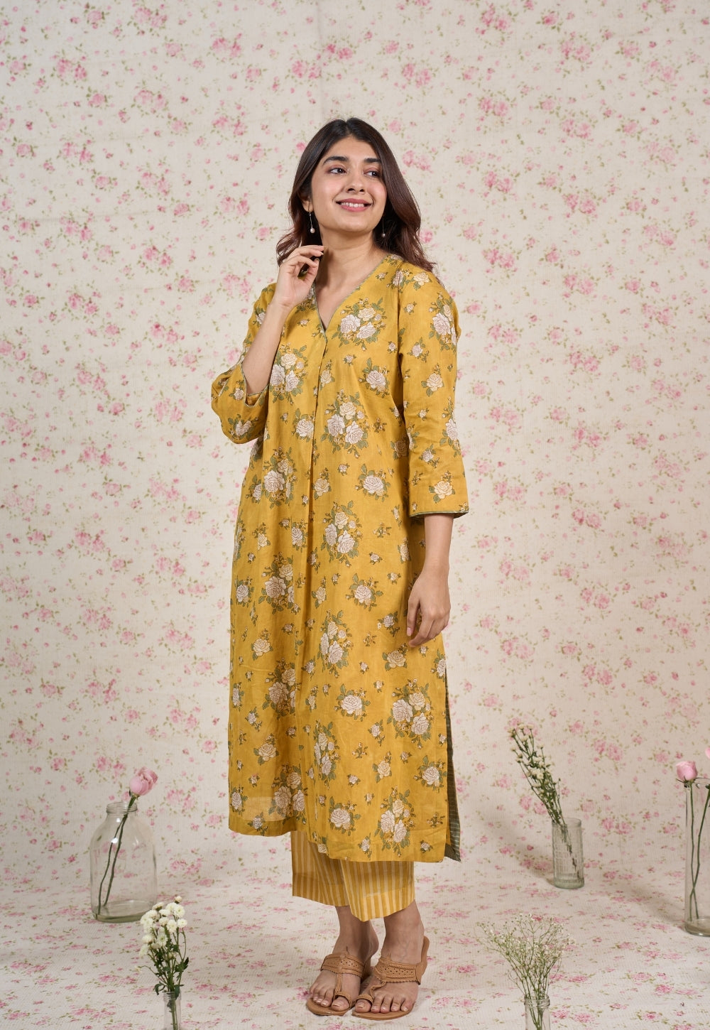 Hazel Yellow Sanganeri Mul Cotton Straight Kurta