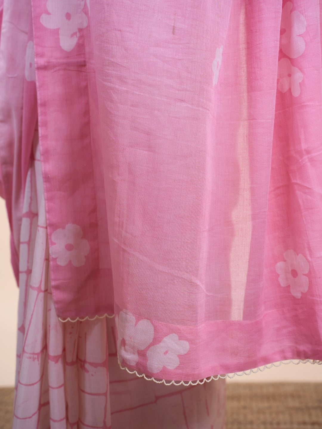 Parisa Pink Batik Hand Block Print Mul Cotton Saree with Embroidery