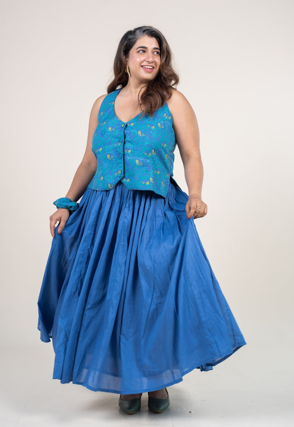 Gia Ink Blue Printed Cotton Straight Waistcoat Top
