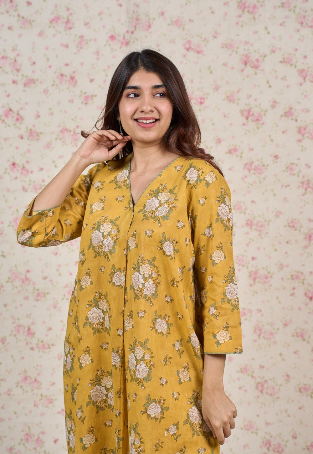 Hazel Yellow Sanganeri Mul Cotton Straight Kurta