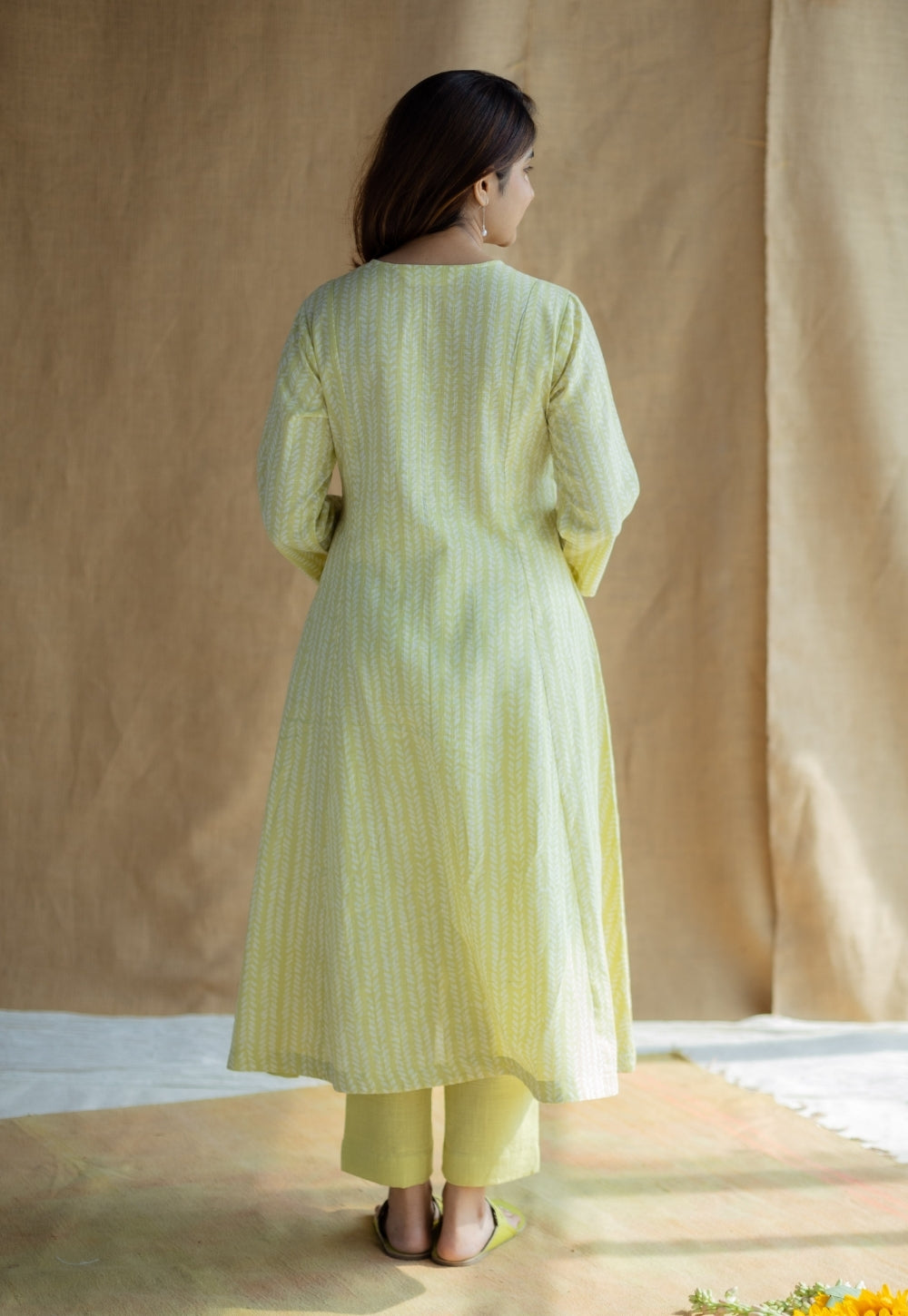 Malika Lime Green Hand Block Print Slub Cotton Kali Kurta with Hand Embroidery