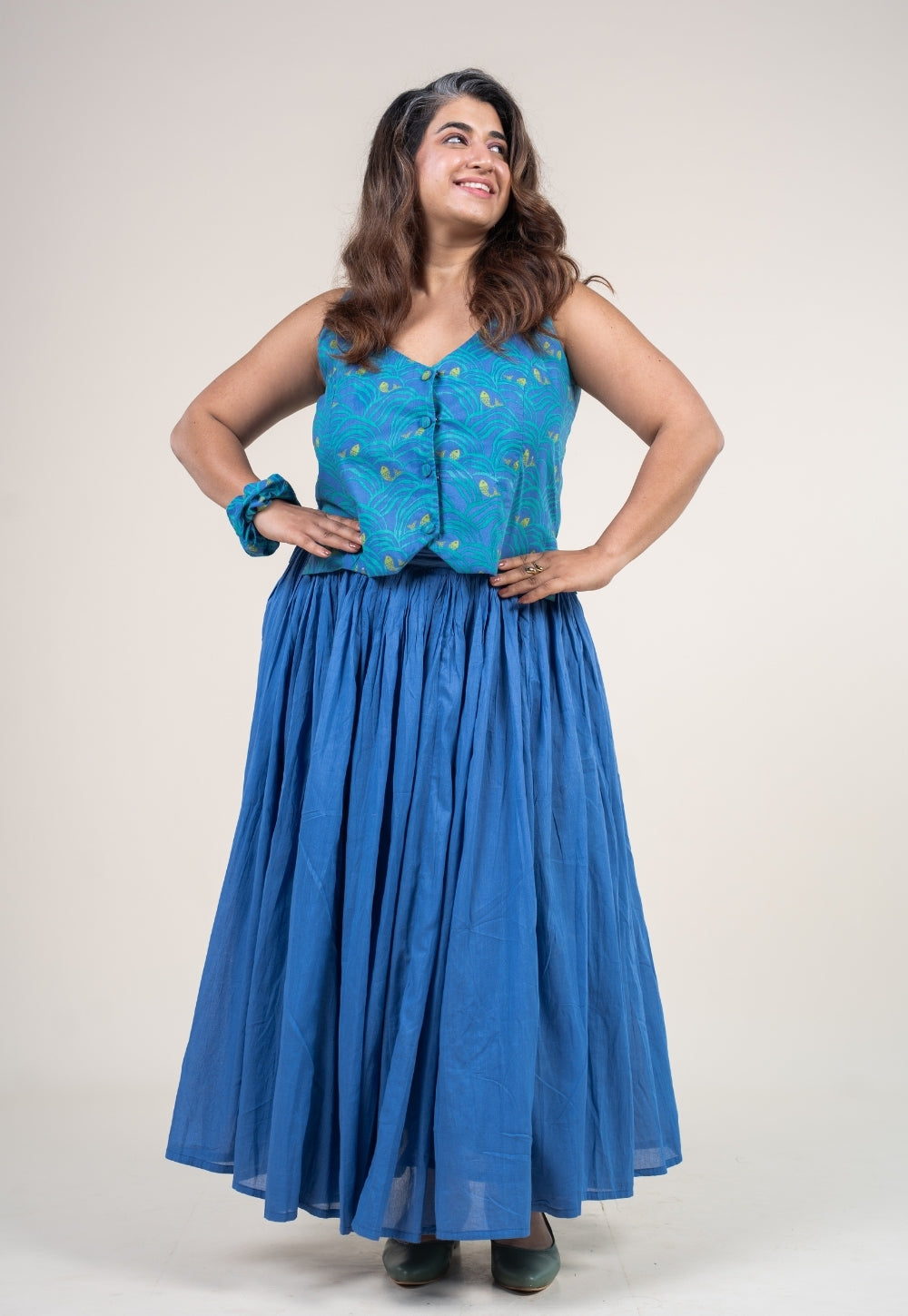 Gia Ink Blue Printed Cotton Straight Waistcoat Top