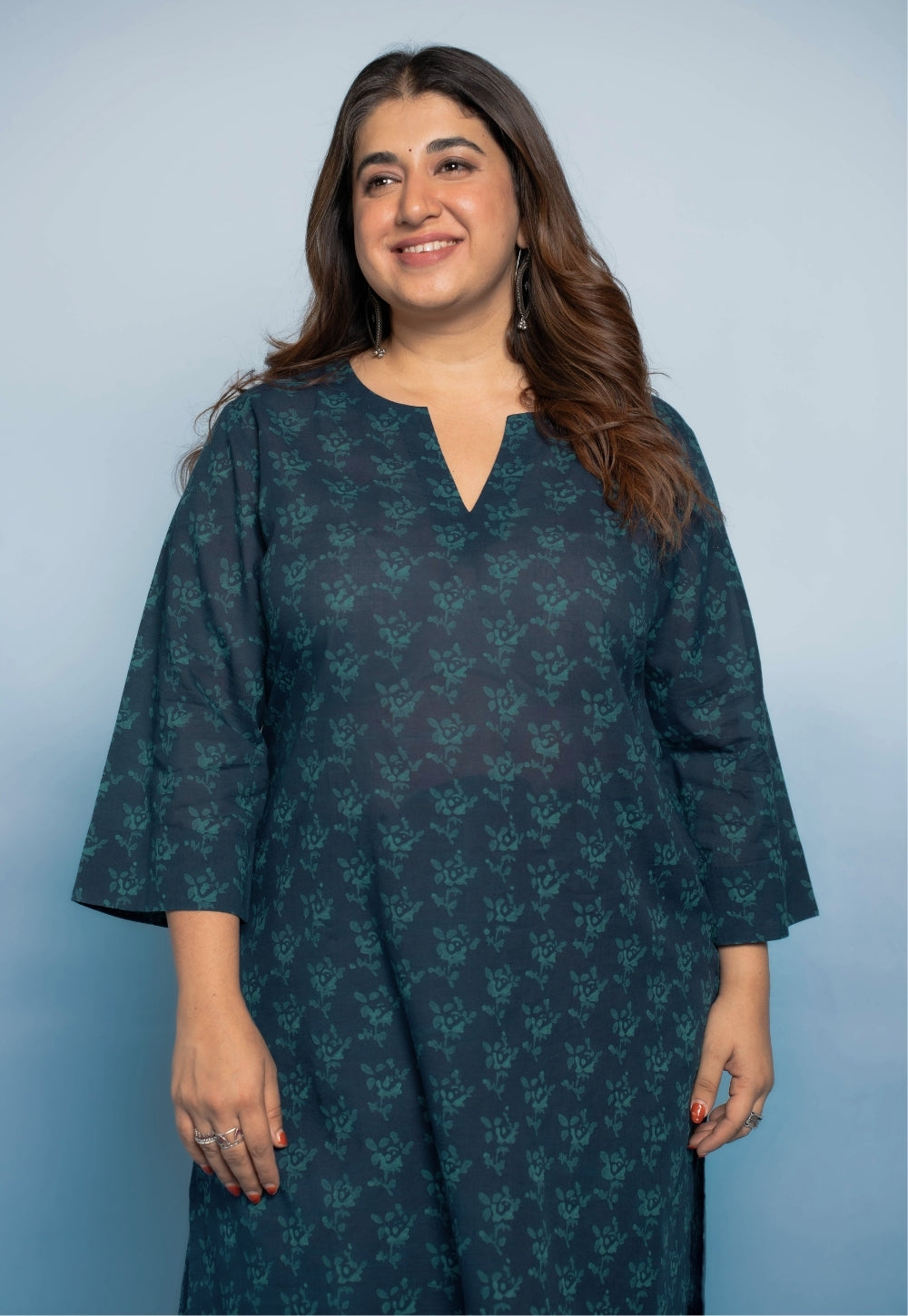 Anvi Blue Dabu Mul Cotton Straight Short Top