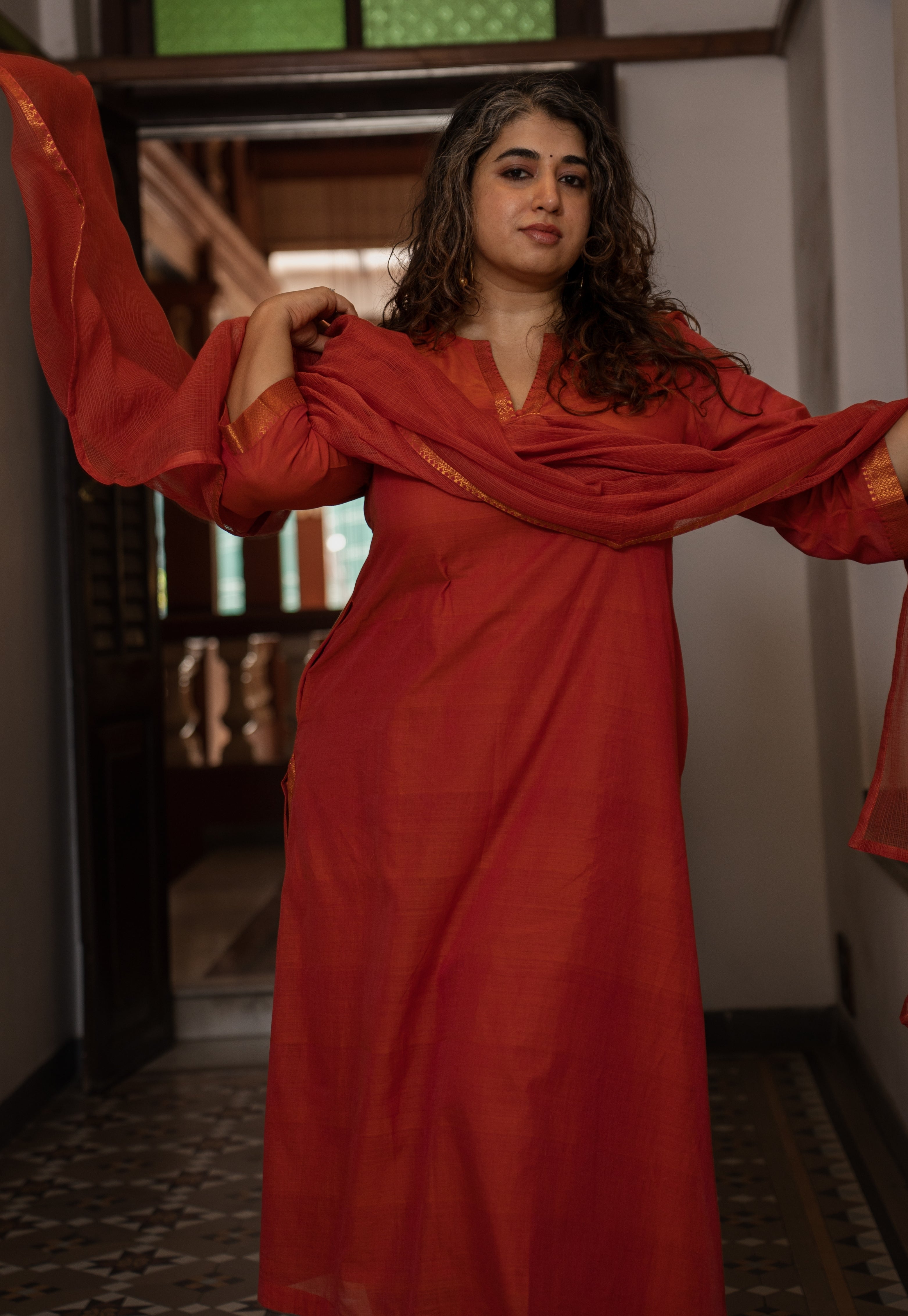 Orange Solid Kota Doria Cotton Dupatta with Mangalgiri Border