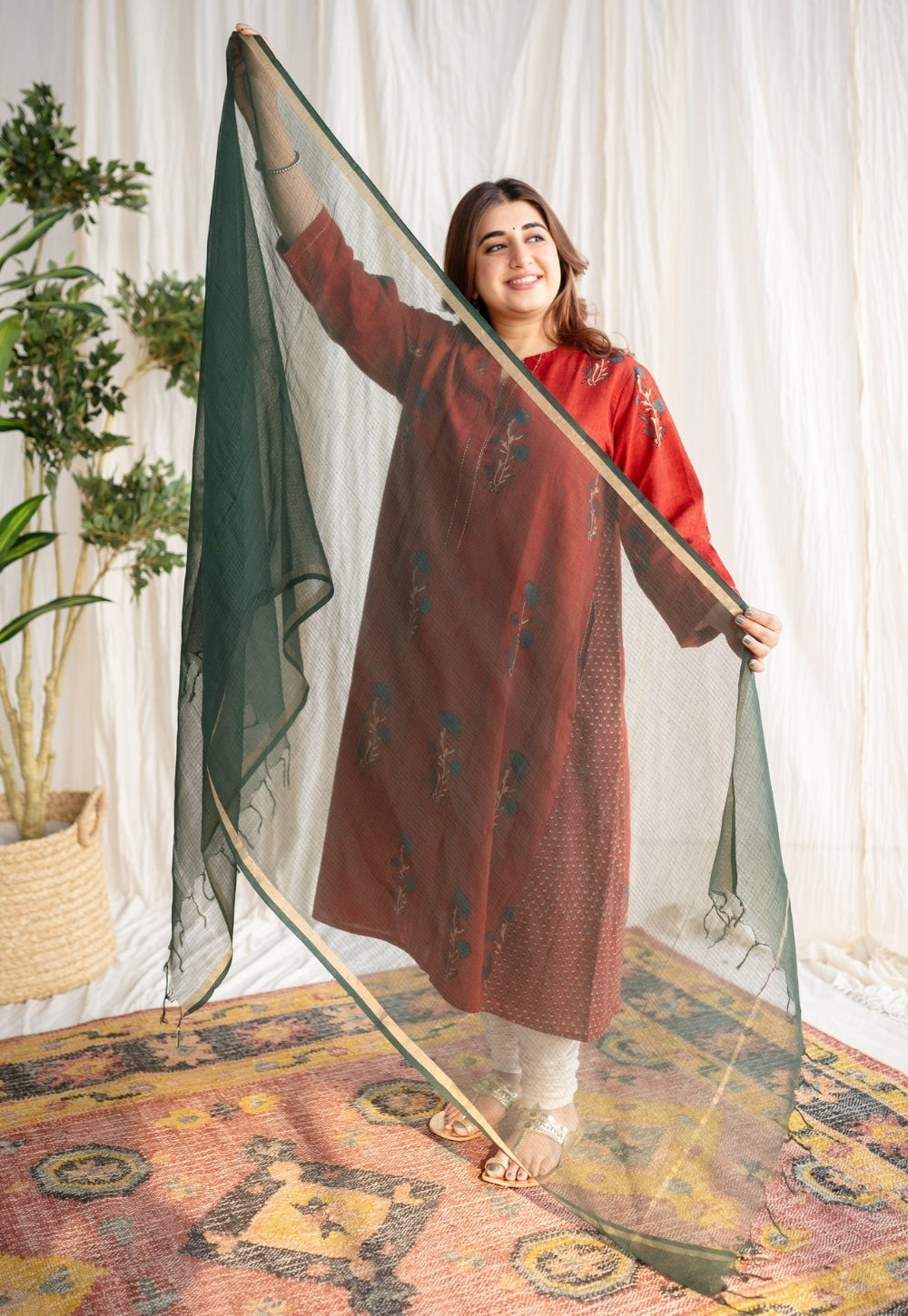 Dark Green Kota Doria Cotton Dupatta