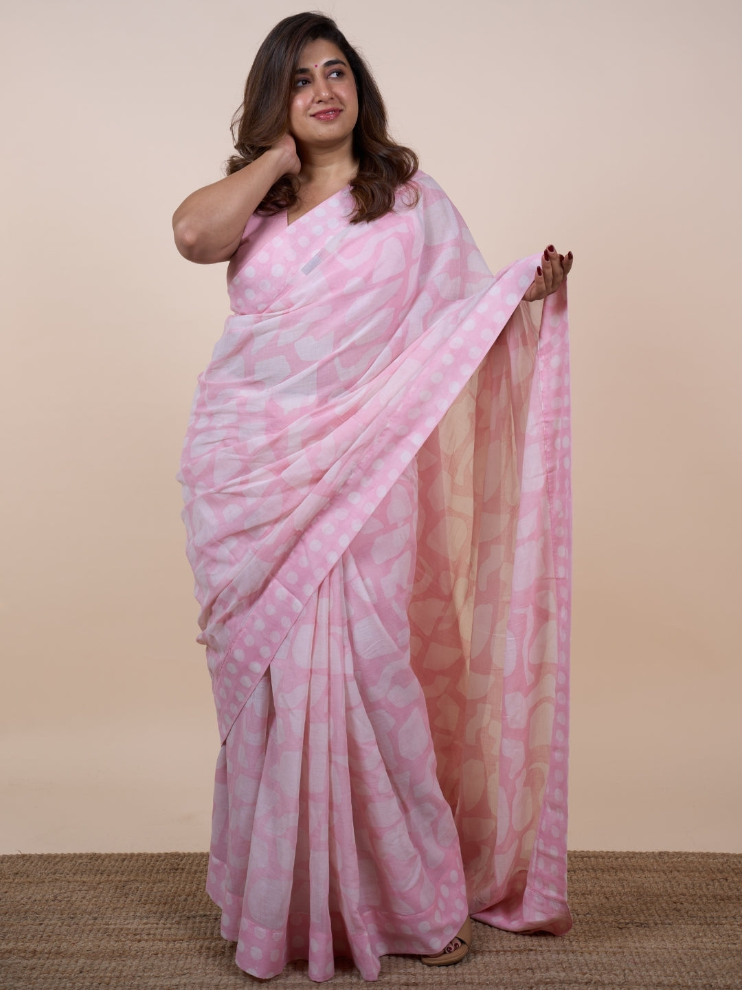 Laiba Pink Batik Hand Block Print Mul Cotton Saree with Embroidery