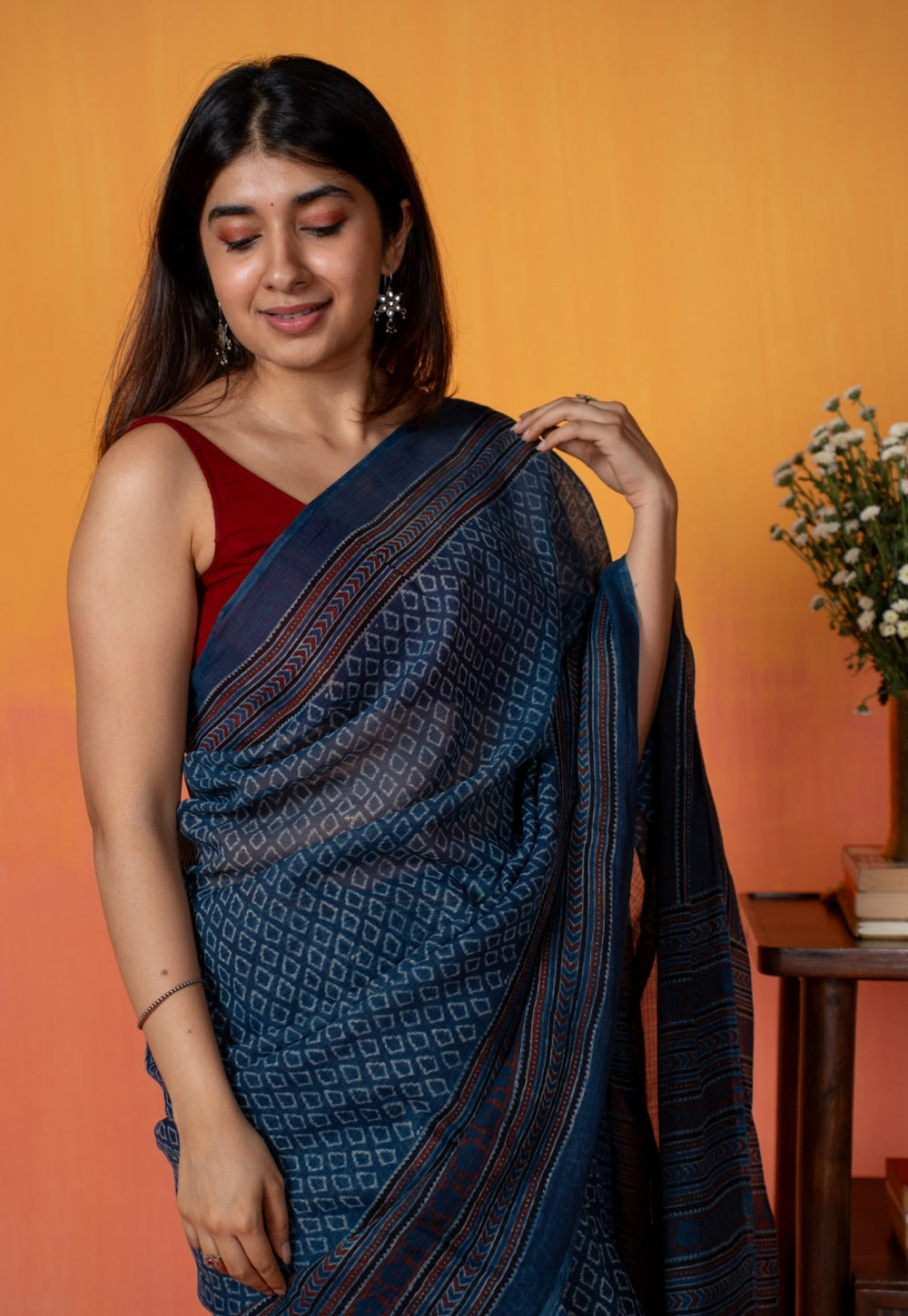 Blue Floral Border Ajrakh Hand Block Print Kota Doria Cotton Saree