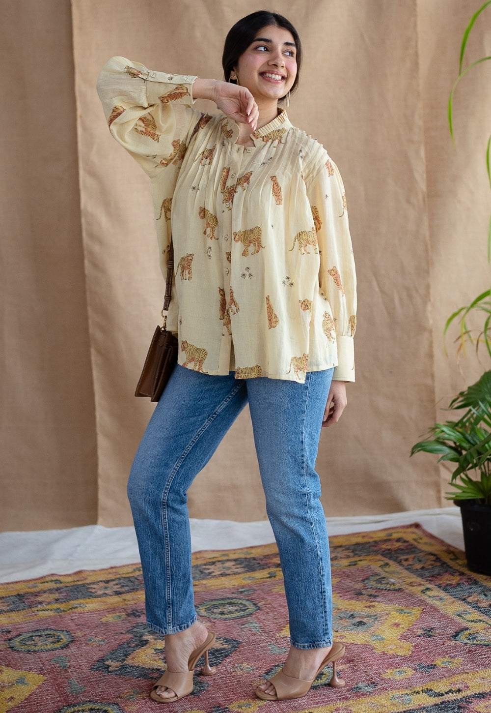 Kanha Bagh Ajrakh MulMul Light Yellow Cotton Top